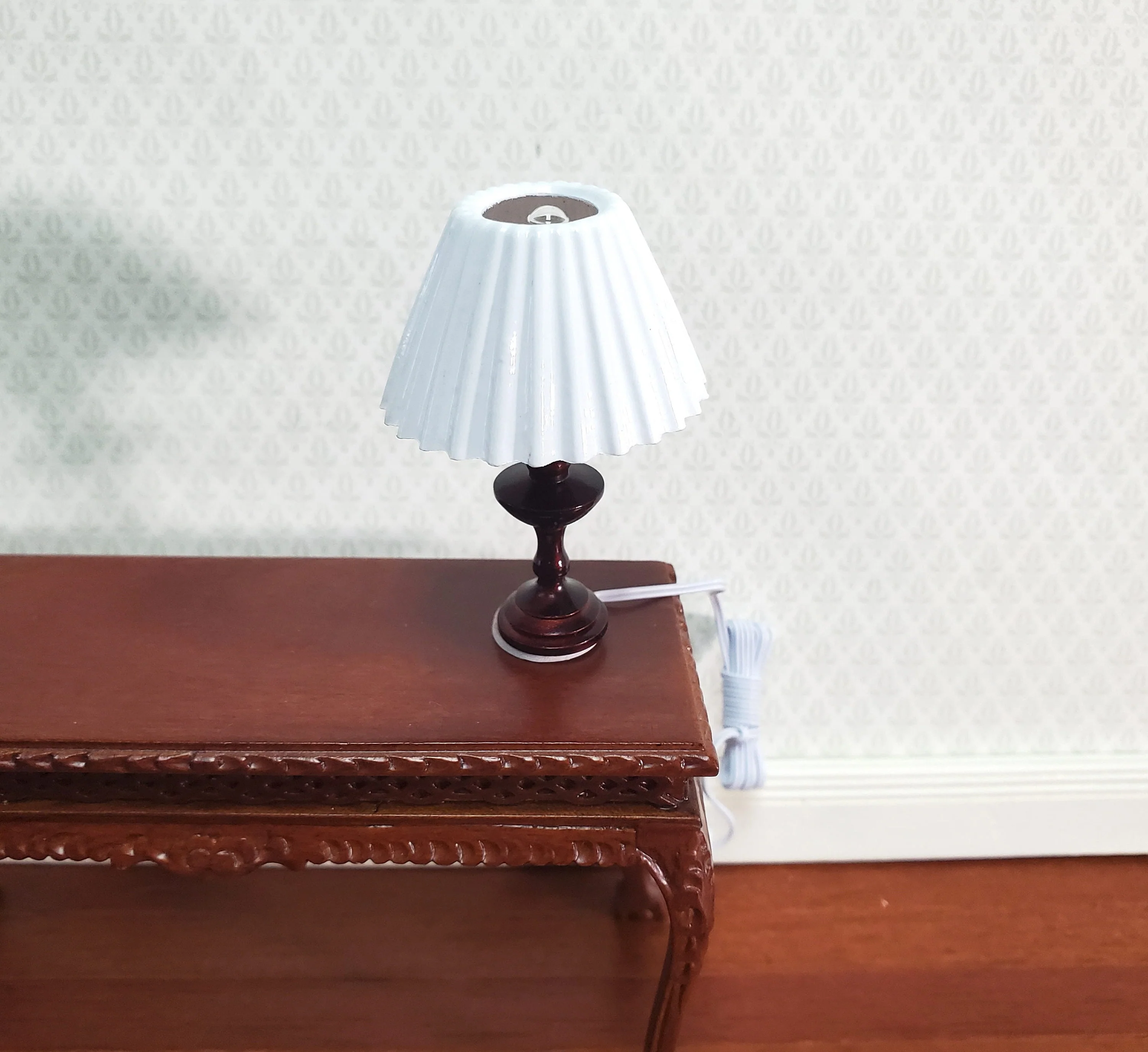 Dollhouse Miniature Table Lamp White Shade Bronze Base 1:12 Scale 12 volt with Plug - Image 5