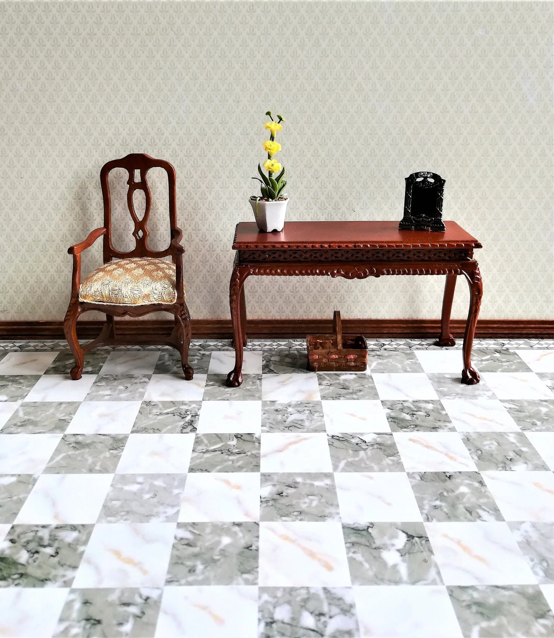 Dollhouse Miniature Tile Floor Gray Brown & White Marble with Border 1:12 Scale - Image 3