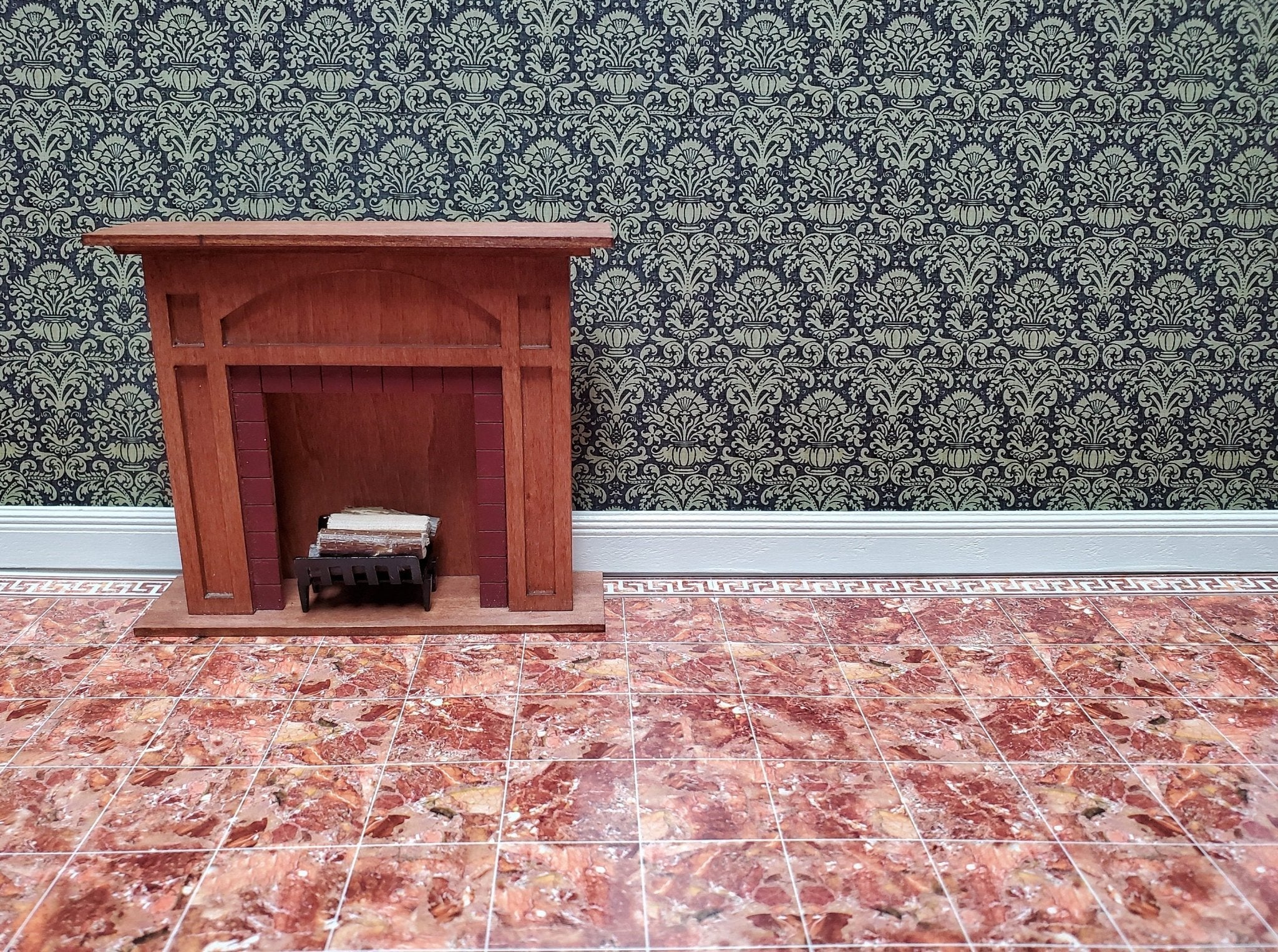 Dollhouse Miniature Tile Floor Marble Dark Rusty Pink with Border 1:12 Scale - Image 6