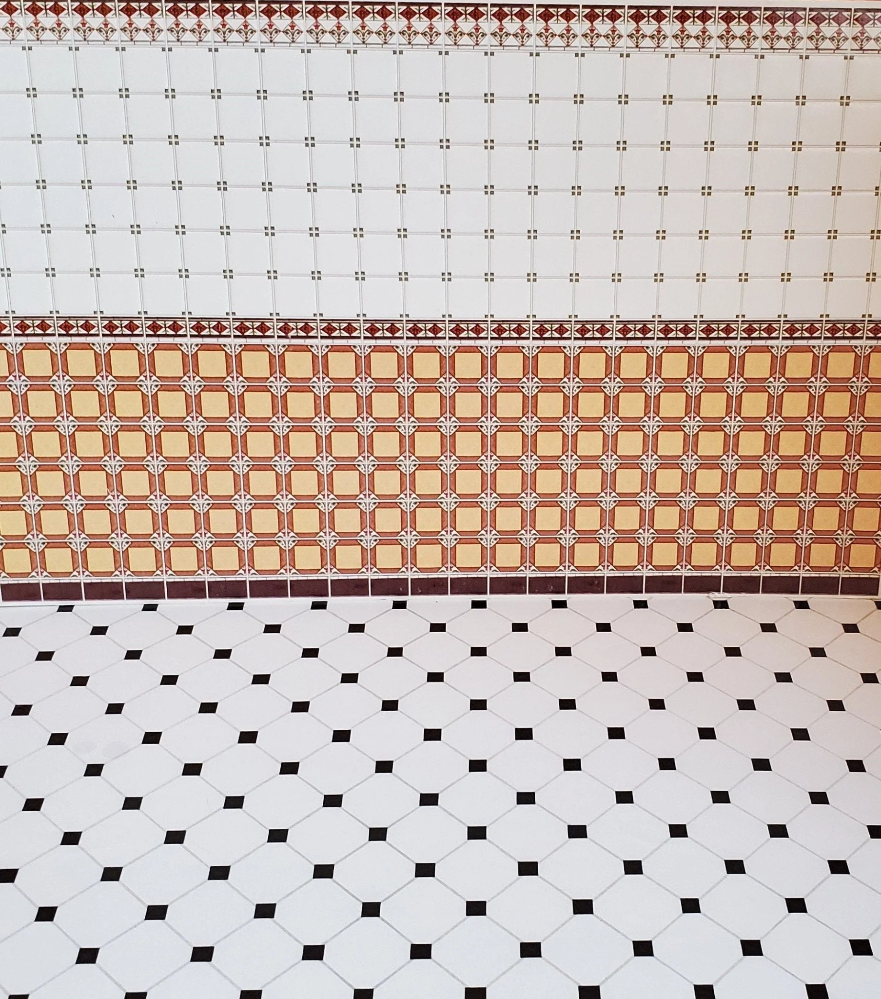 Dollhouse Miniature Tile Floor White with Black Diamonds Glossy Sheet 1:12 Scale - Image 2