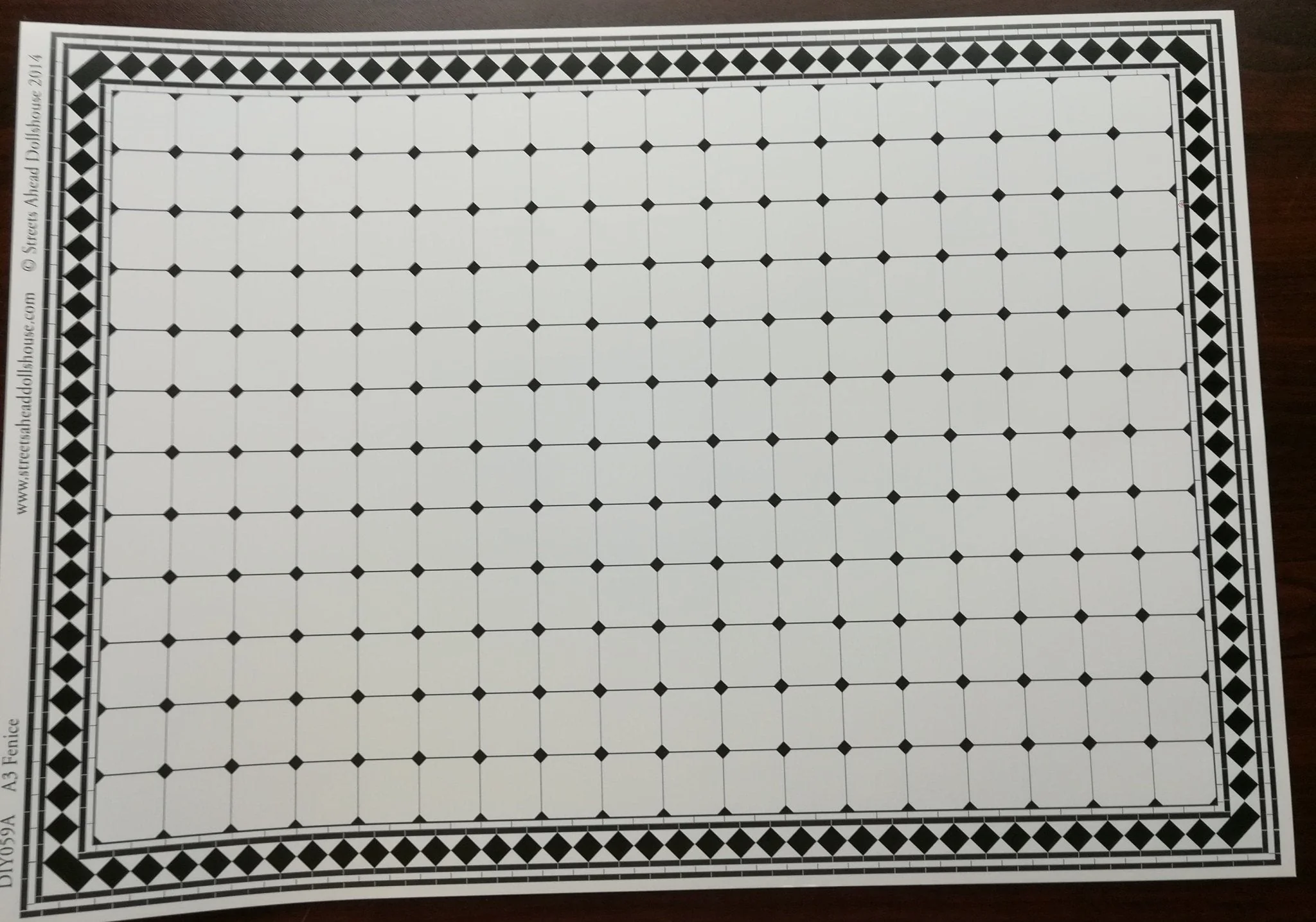 Dollhouse Miniature Tile Flooring White with Black Diamonds Glossy Sheet 1:12 Scale