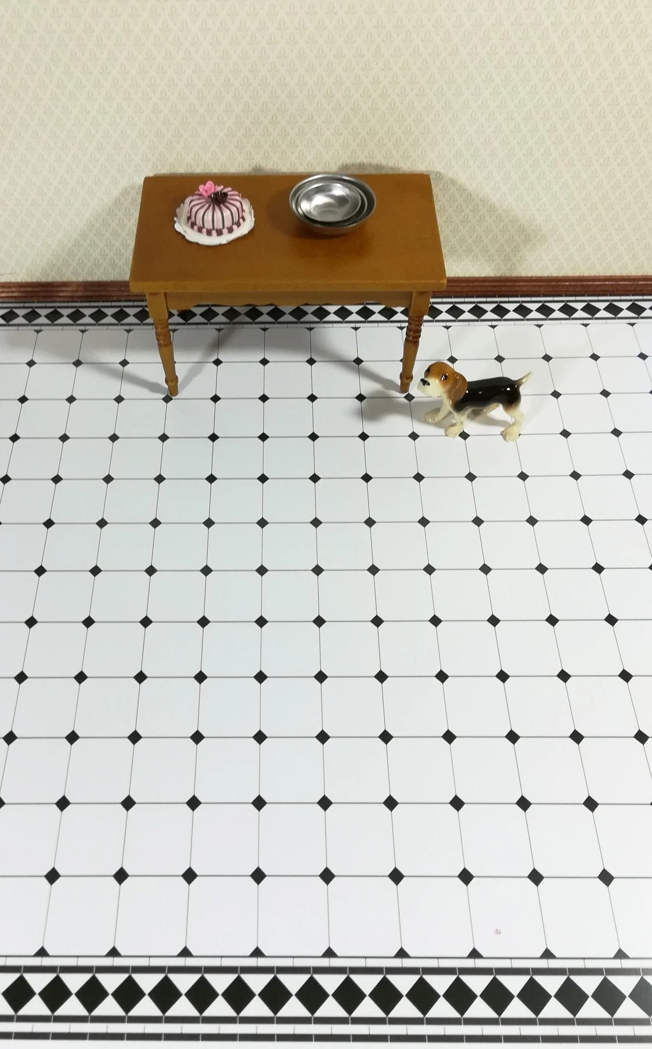 Dollhouse Miniature Tile Flooring White with Black Diamonds Glossy Sheet 1:12 Scale - Image 2