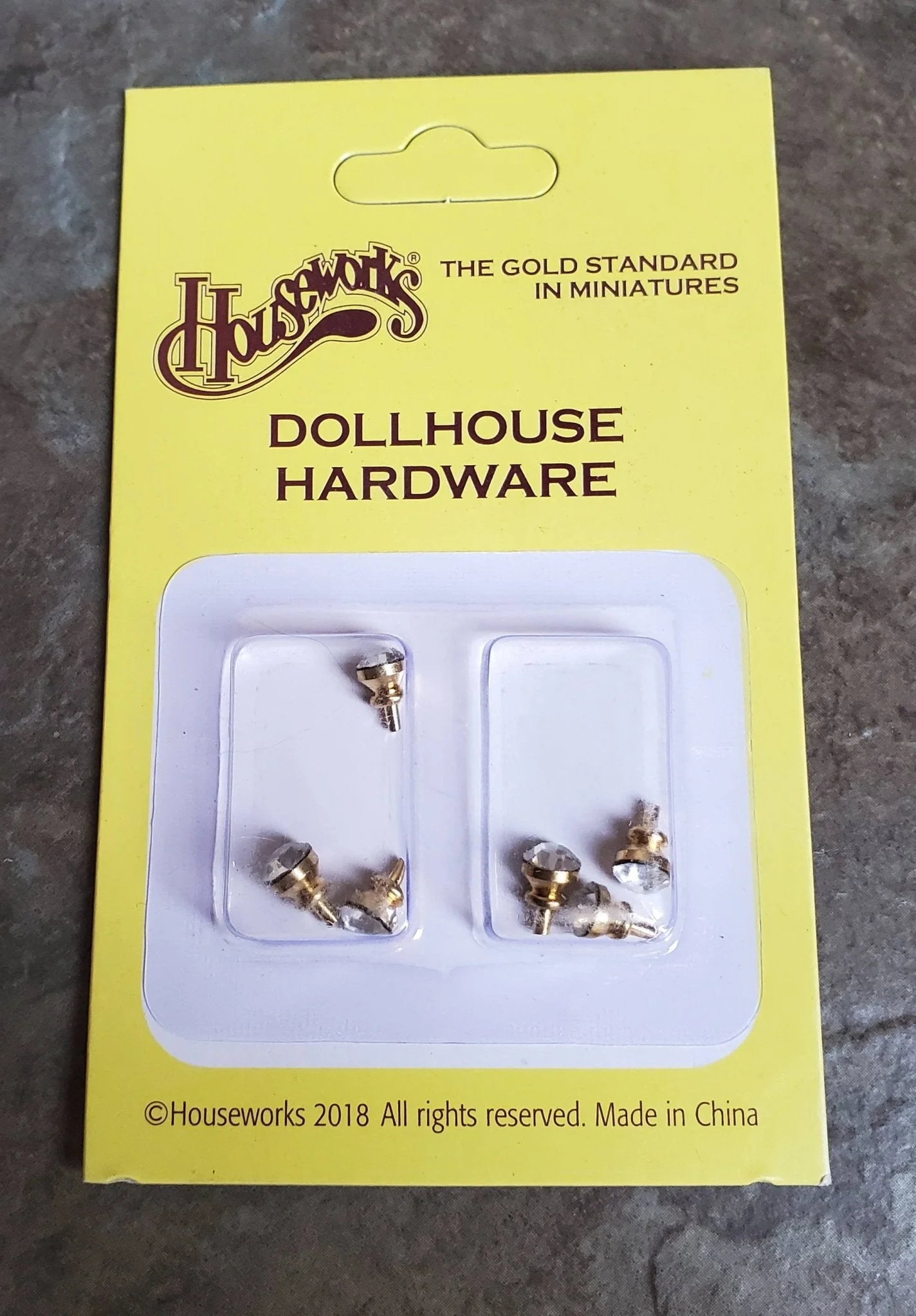 Dollhouse Miniature Tiny Crystal & Gold Doorknobs or Drawer Pulls Set of 6 1:12 Scale or Fairy Garden