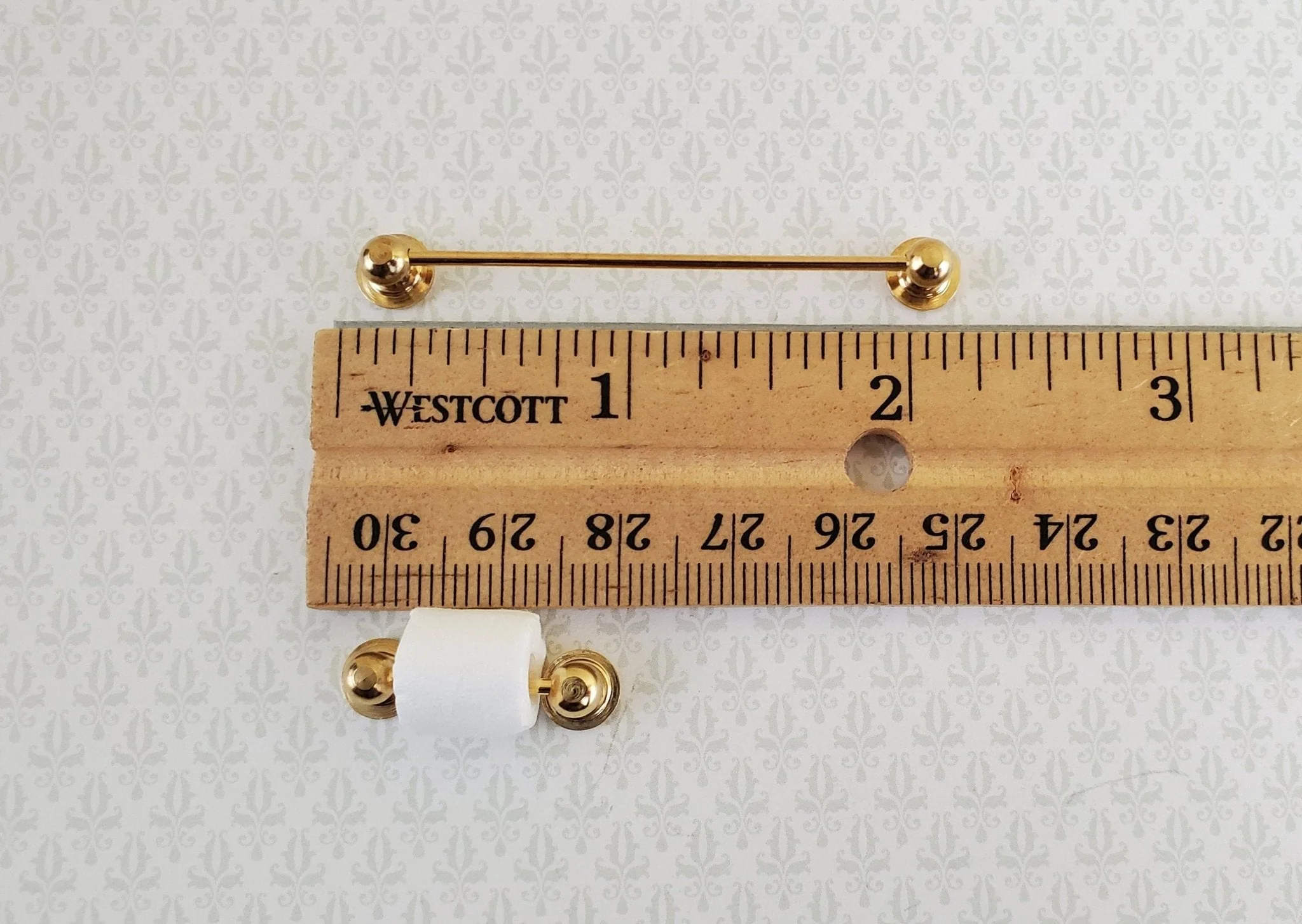 Dollhouse Miniature Towel Rod & Toilet Paper Holder Bathroom 1:12 Scale Brass Gold - Image 3