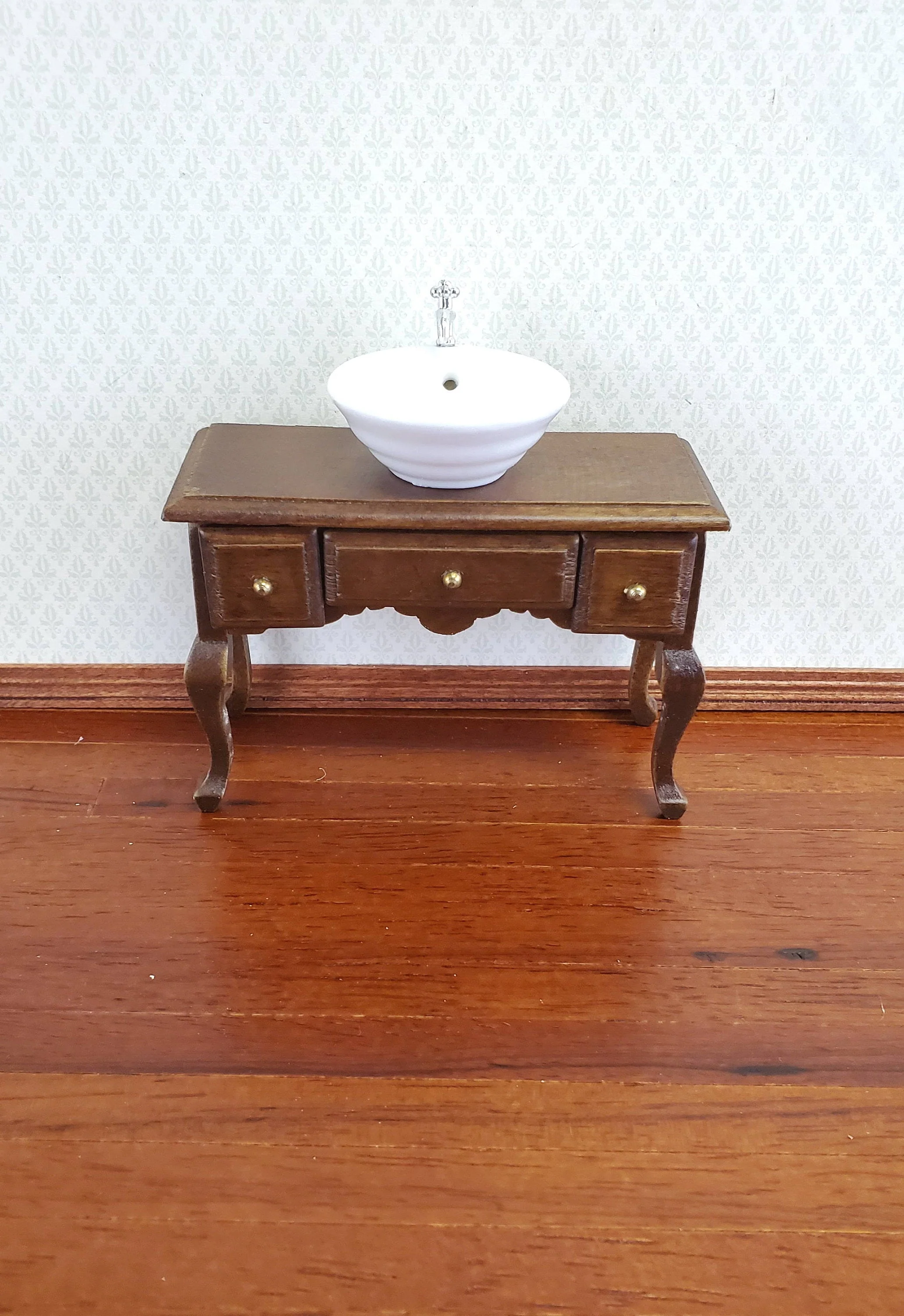 Dollhouse Miniature Vanity Table with Drawers Wood Walnut Finish 1:12 Scale Furniture - Image 3