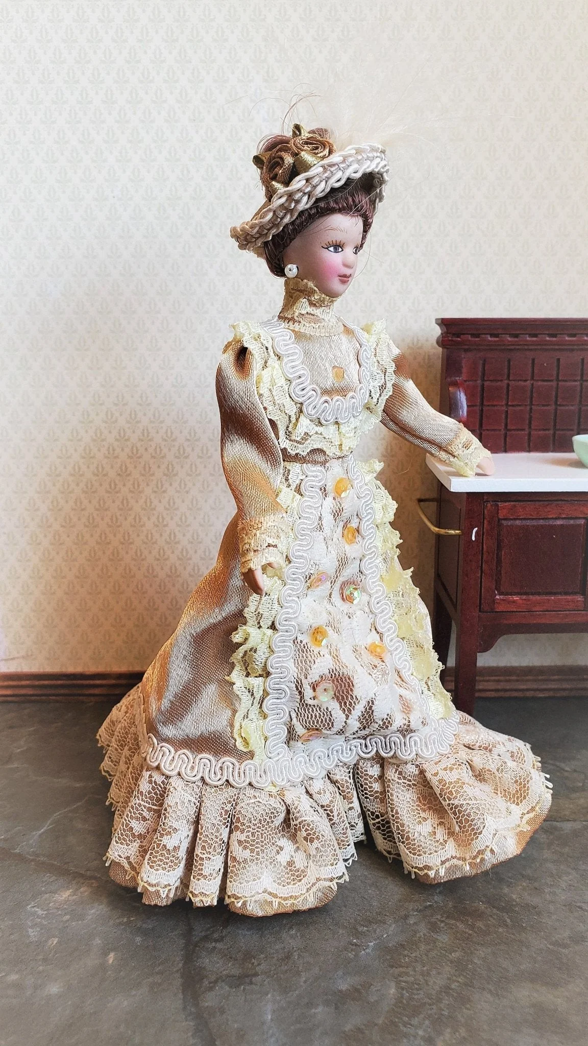 Dollhouse Victorian Doll Porcelain Fancy Lace Dress and Hat 1:12 Scale Woman - Image 3