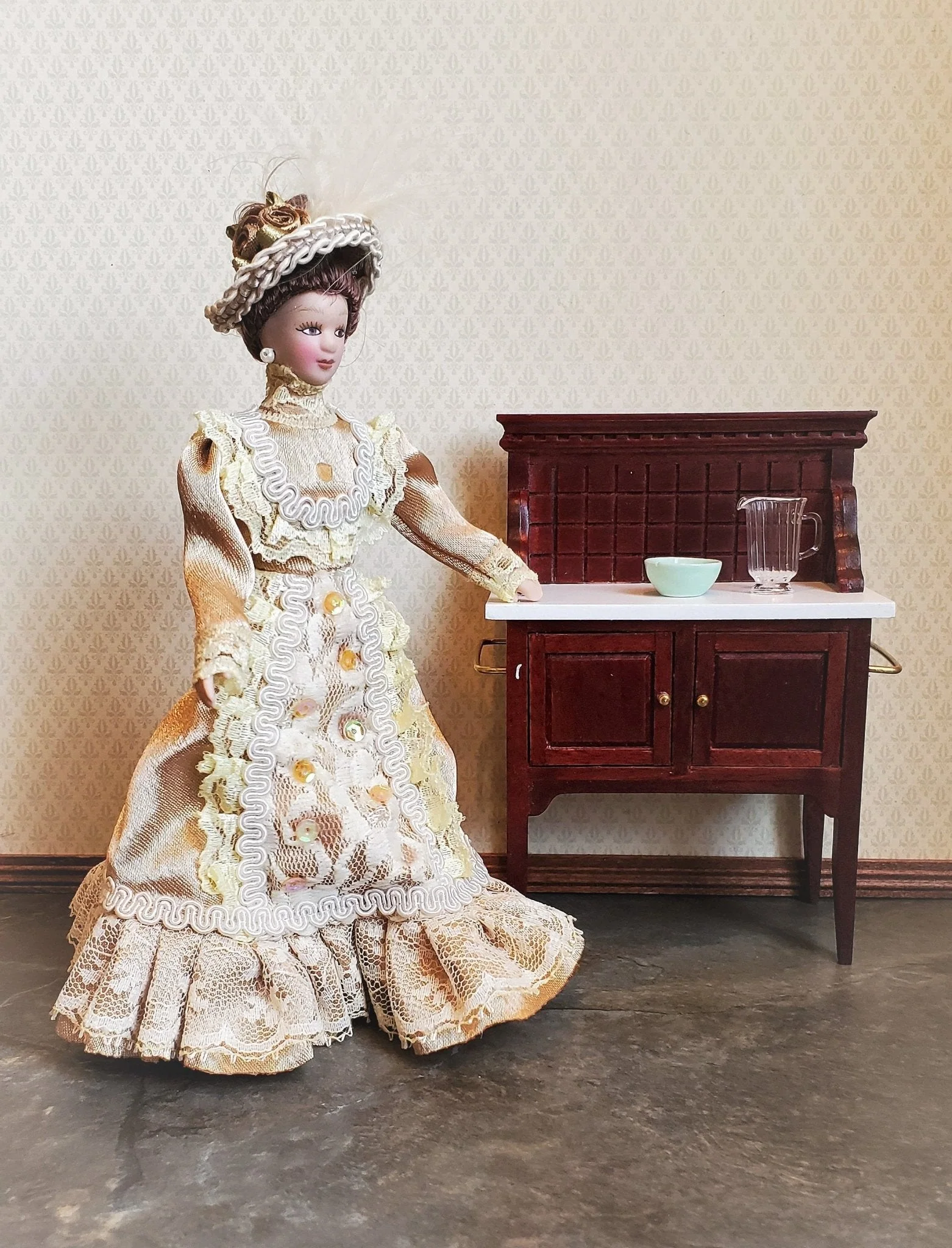 Dollhouse Victorian Doll Porcelain Fancy Lace Dress and Hat 1:12 Scale Woman - Image 4