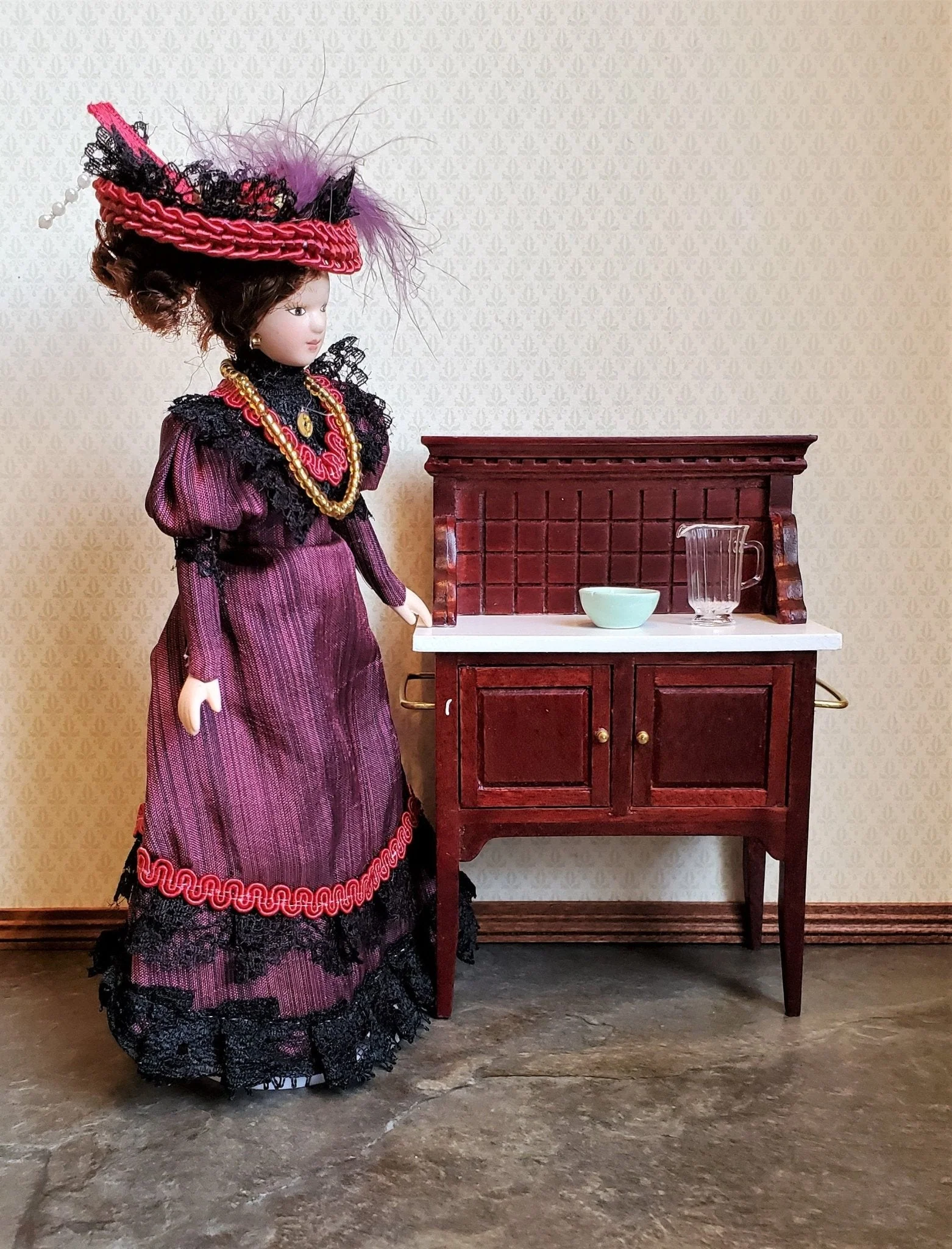 Dollhouse Victorian Doll Porcelain Fancy Maroon Dress and Hat 1:12 Scale Woman - Image 2