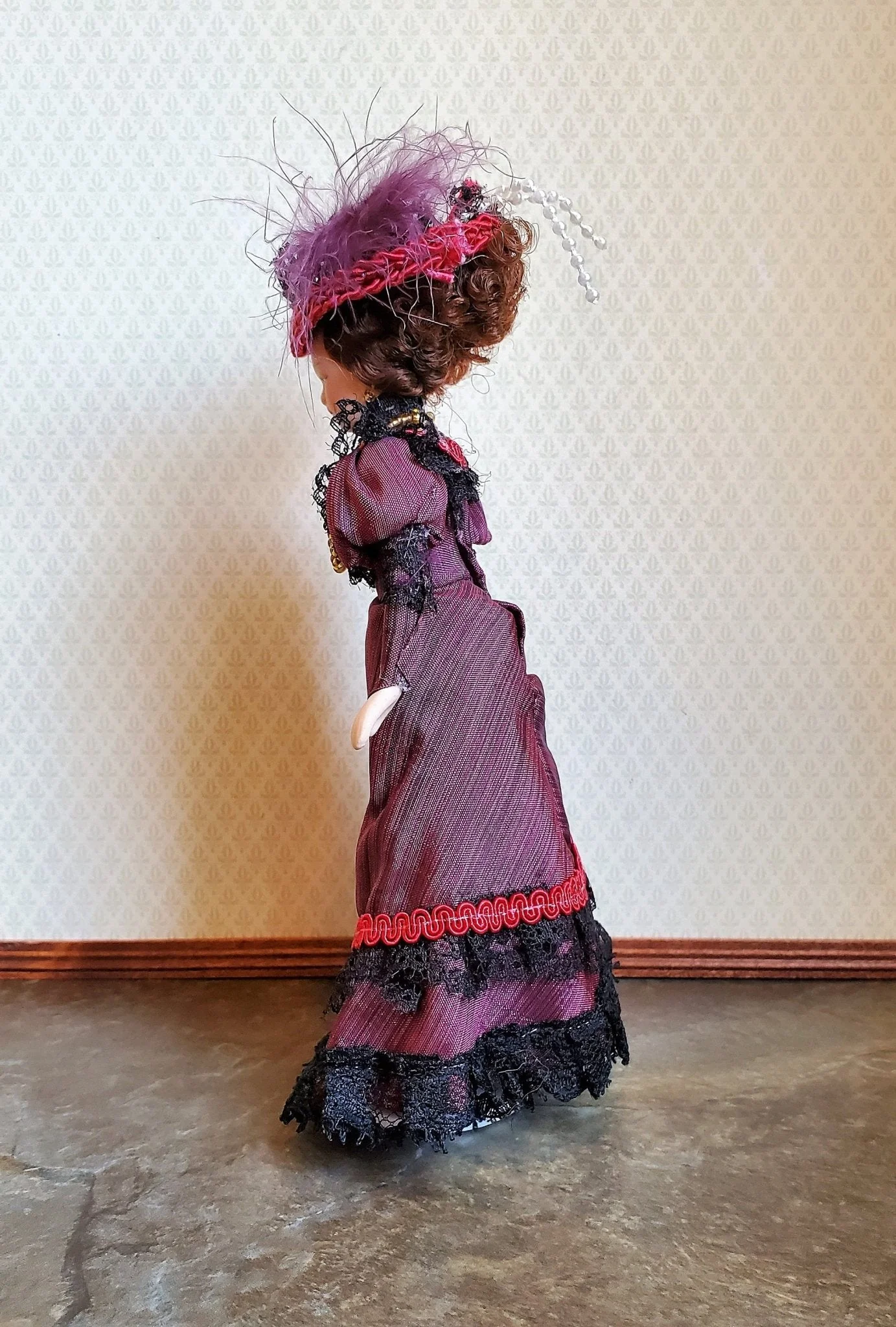 Dollhouse Victorian Doll Porcelain Fancy Maroon Dress and Hat 1:12 Scale Woman - Image 3