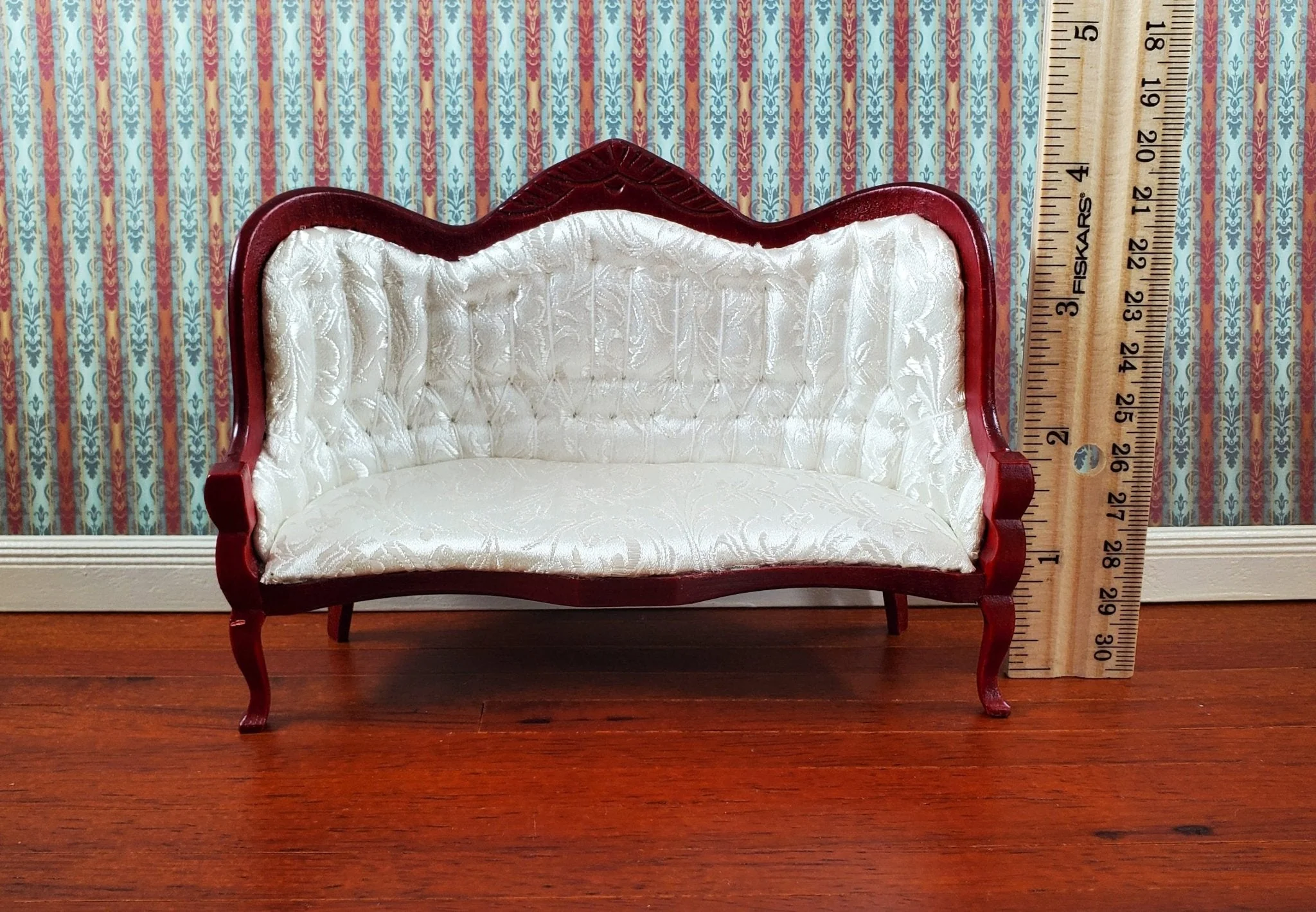Dollhouse Victorian Sofa Couch White 1:12 Scale Miniature Furniture Mahogany Finish - Image 4