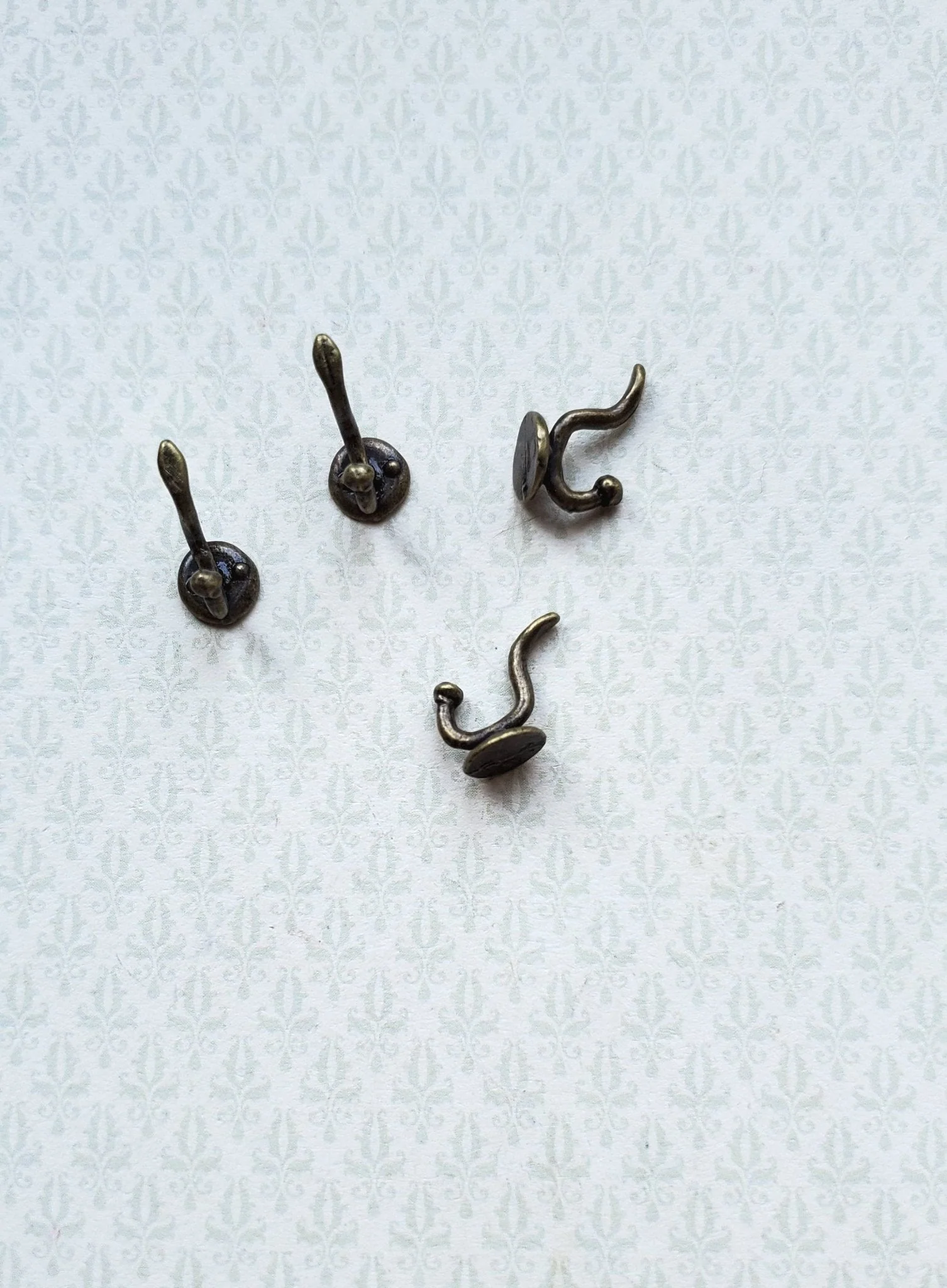 Dollhouse Miniature Wall Hooks Set of 4 Metal 1:12 Scale Antique Brass Finish