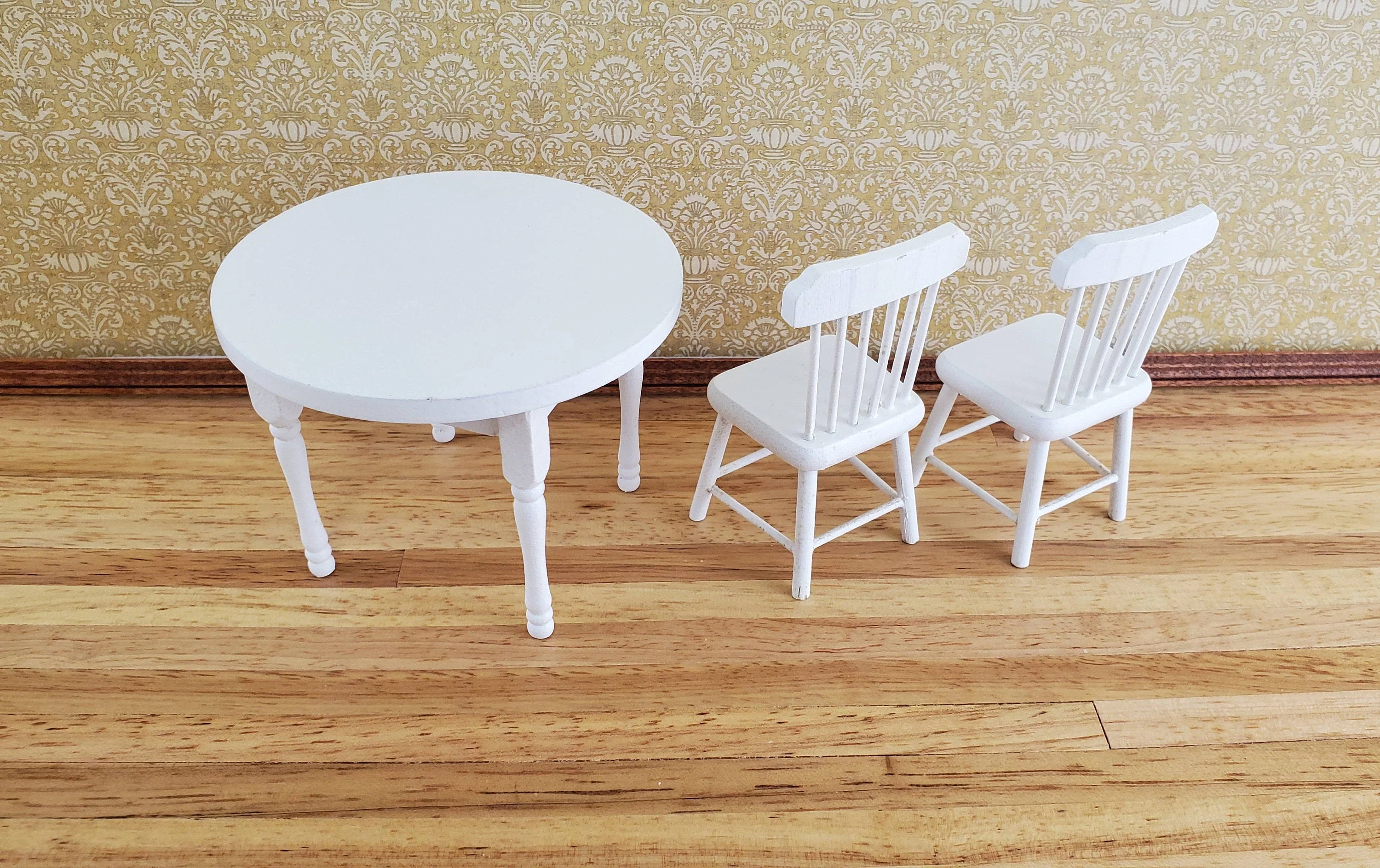 Dollhouse Miniature White Table Round with 2 Chairs 1:12 Scale Kitchen Dining Room Furniture - Image 3