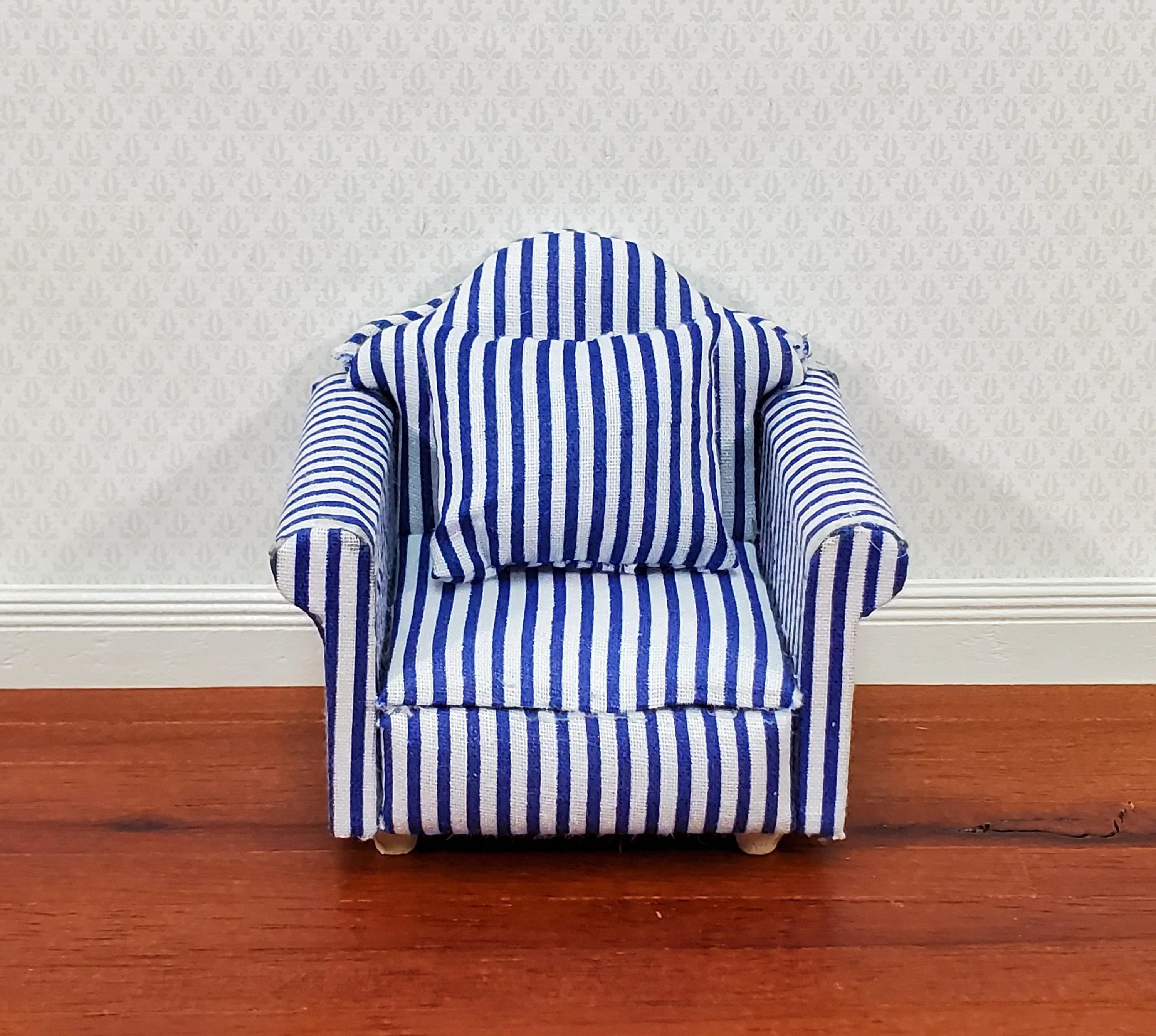 Dollhouse Modern Armchair Narrow Blue & White Stripes 1:12 Scale Chair Furniture - Image 2