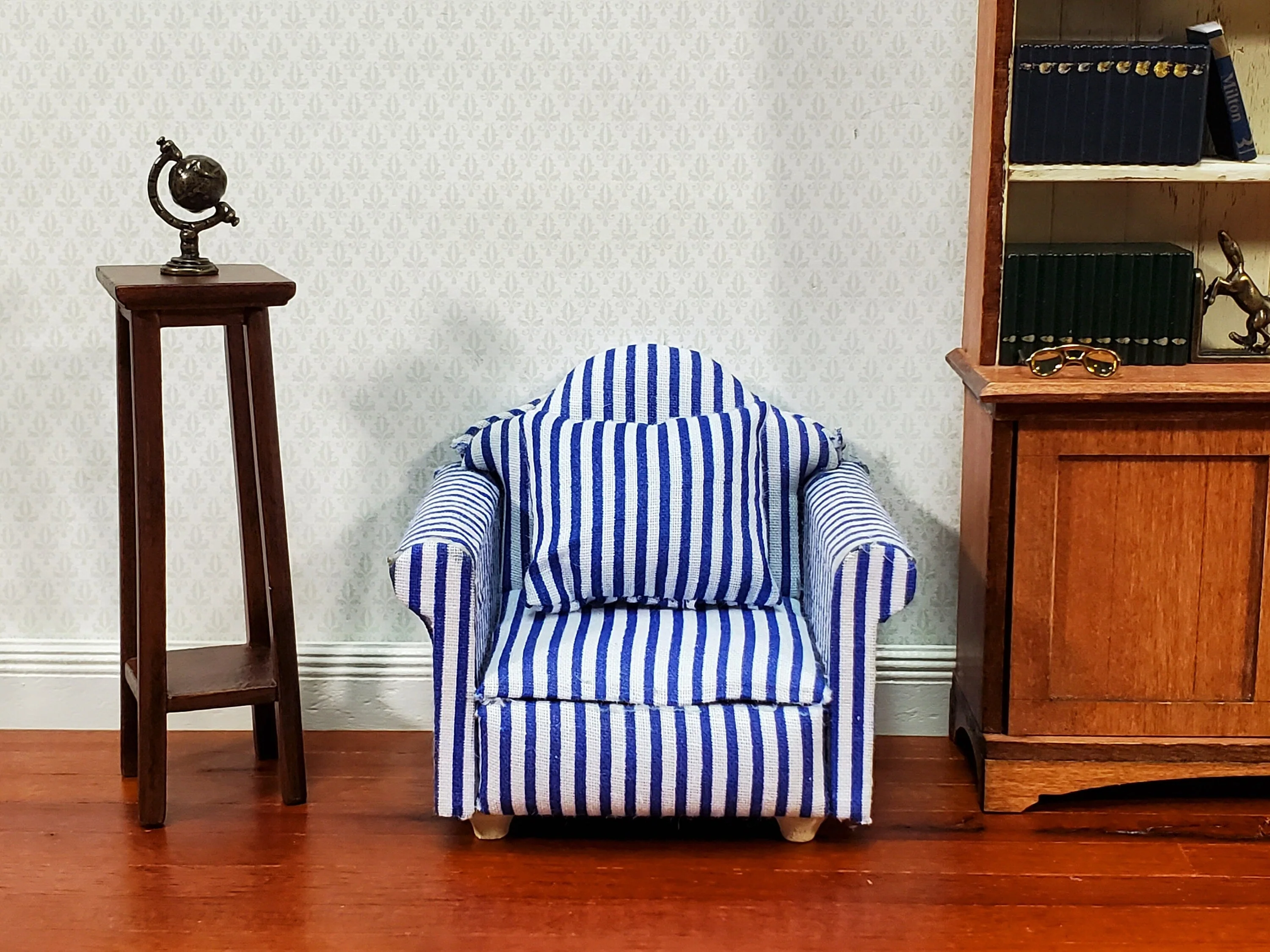 Dollhouse Modern Armchair Narrow Blue & White Stripes 1:12 Scale Chair Furniture - Image 3