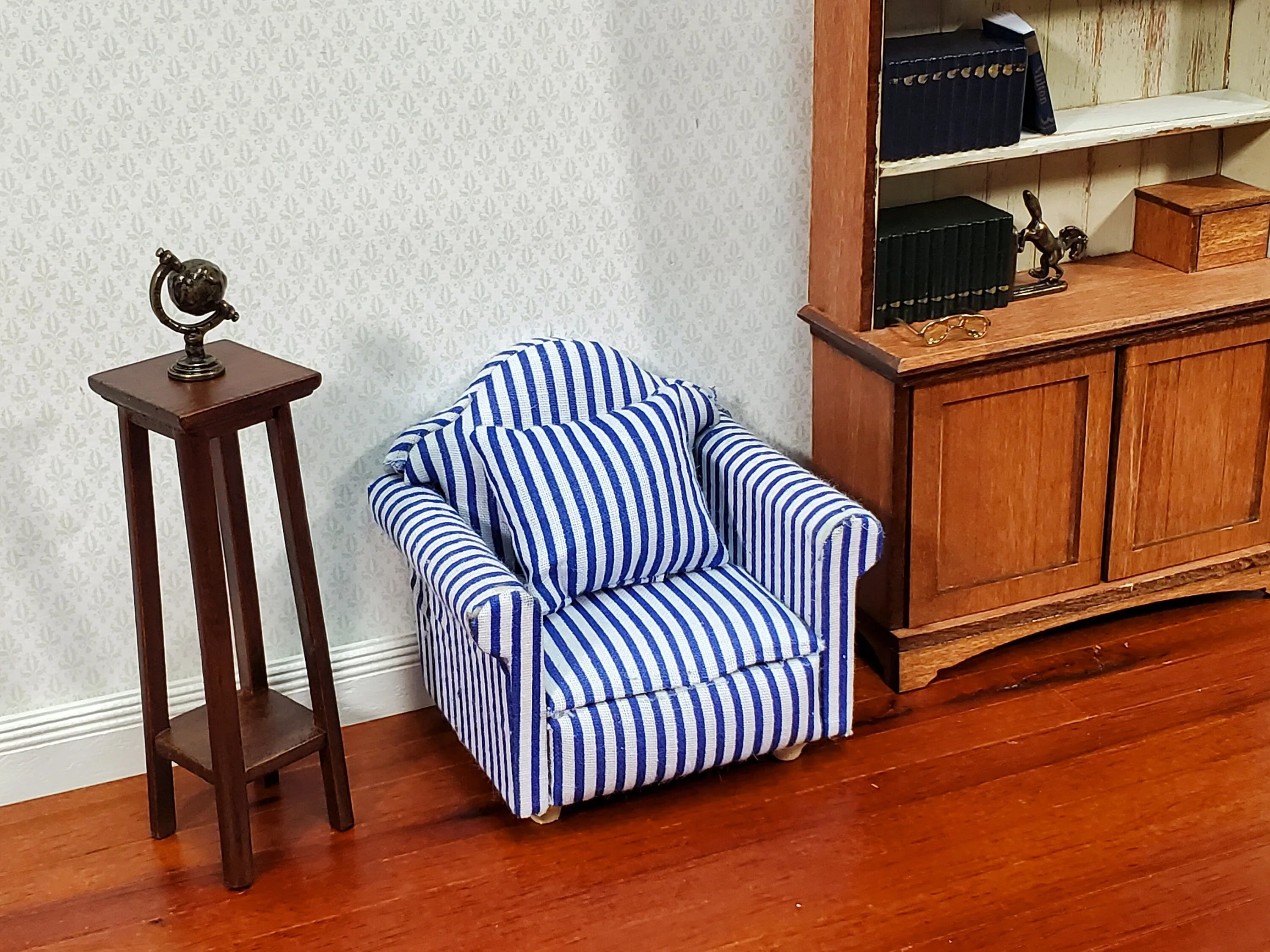 Dollhouse Modern Armchair Narrow Blue & White Stripes 1:12 Scale Chair Furniture - Image 4