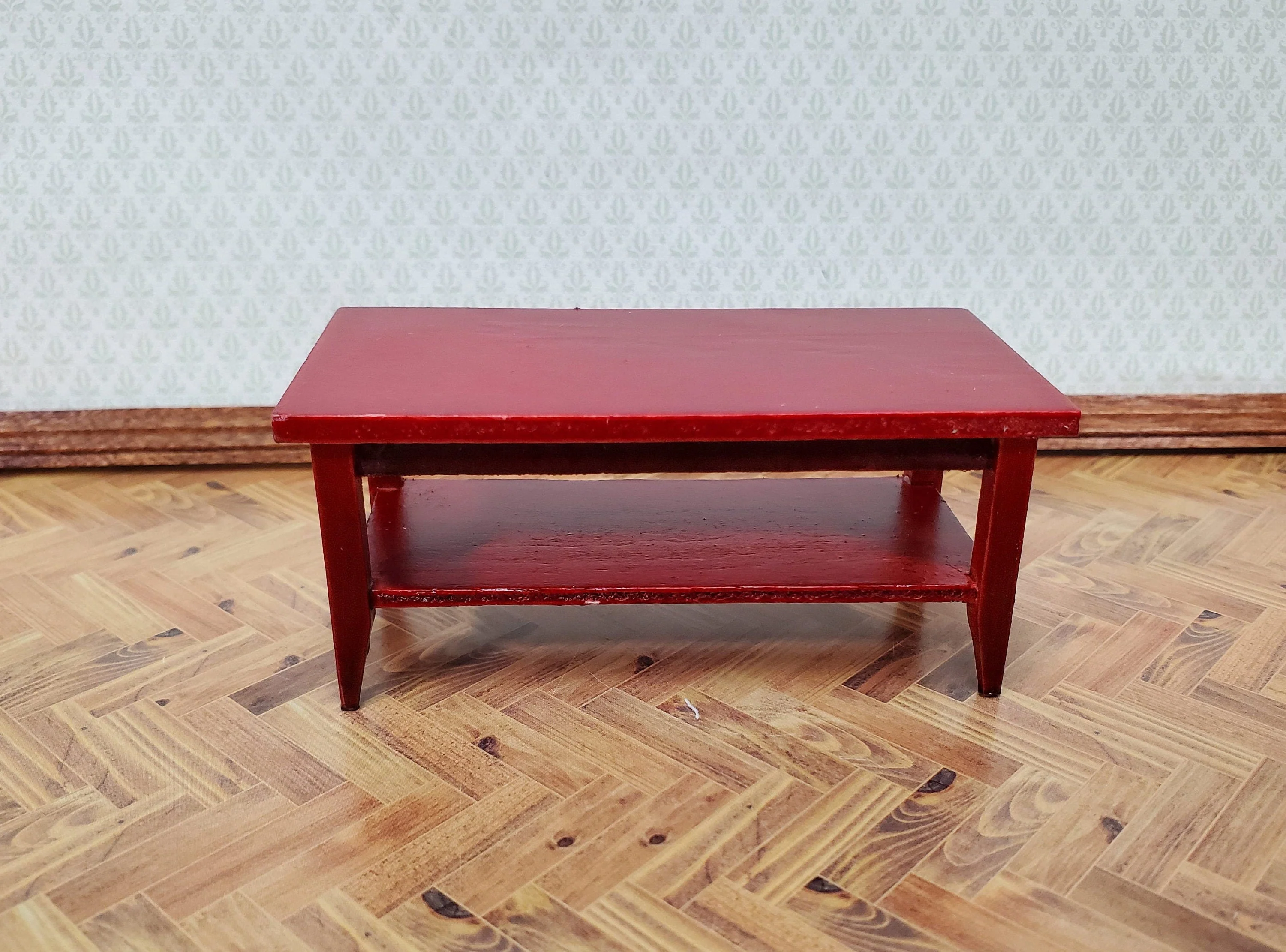 Dollhouse Modern Coffee Table with Shelf Wood Mahogany Finish 1:12 Scale Miniature Furniture - Image 2