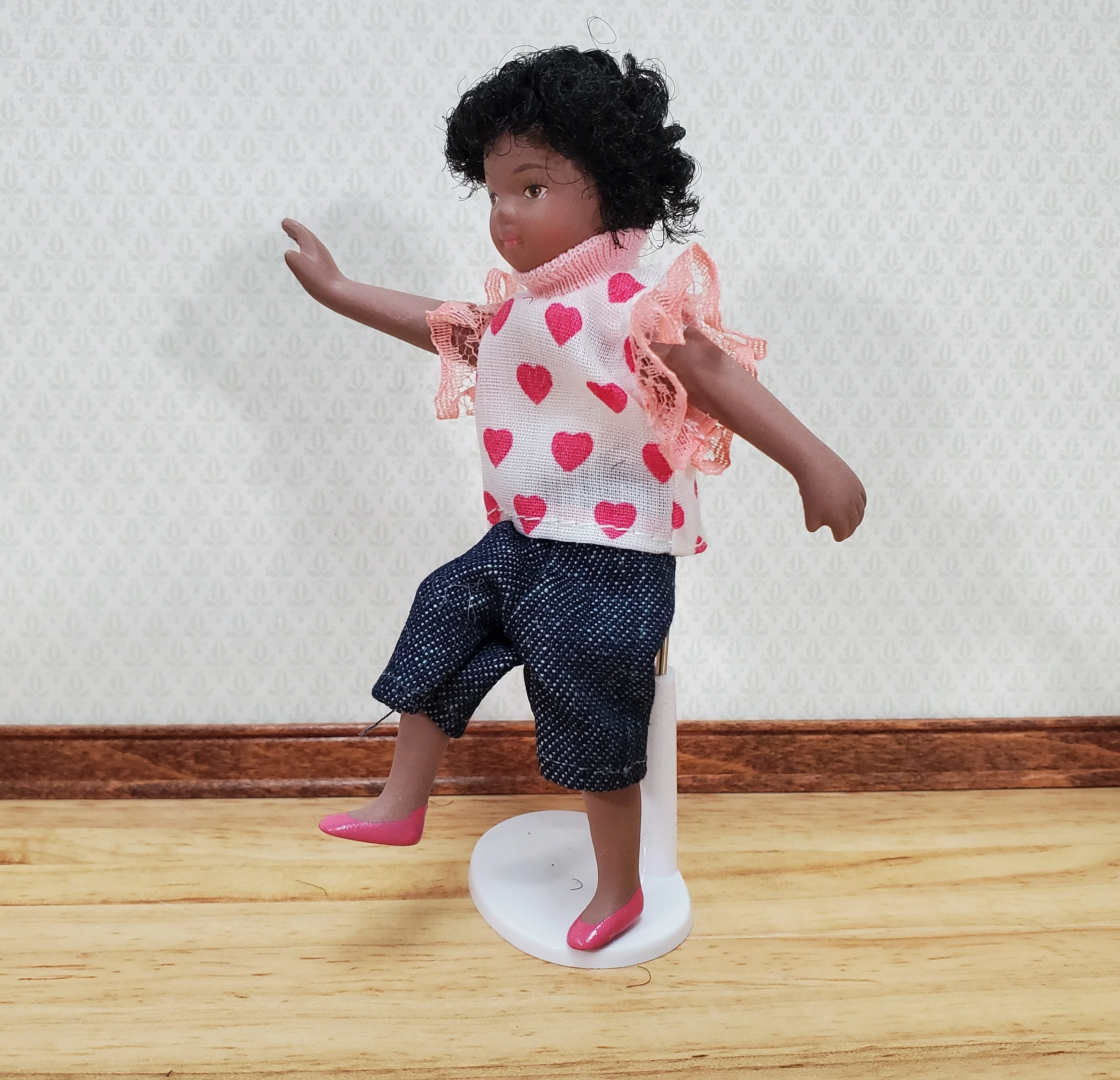 Dollhouse Modern Girl Black Brown Doll Daughter Sister Porcelain Poseable 1:12 Scale Miniature - Image 2