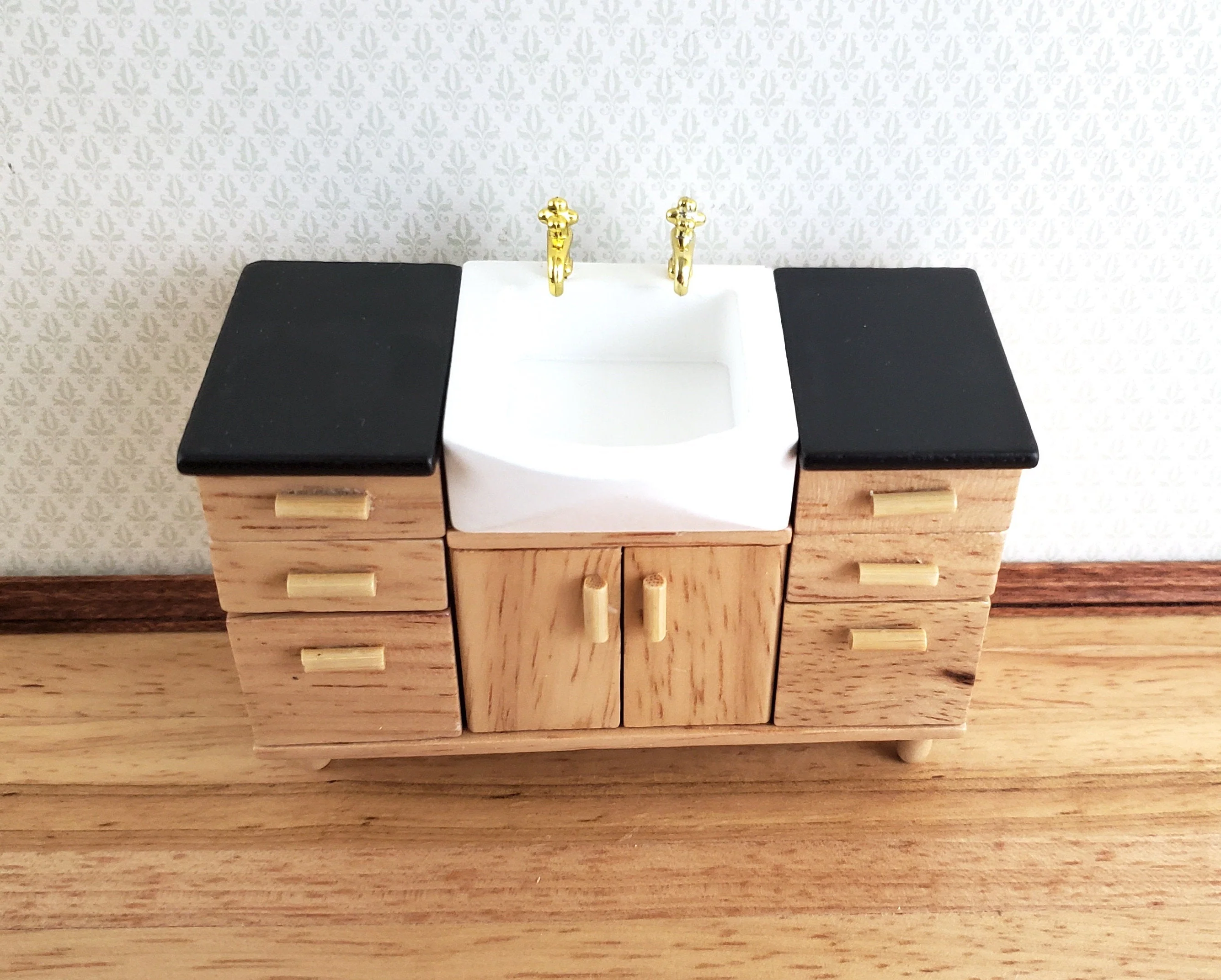 Dollhouse Modern Kitchen or Bathroom Sink Cabinet Light Oak 1:12 Scale Miniature Furniture - Image 2