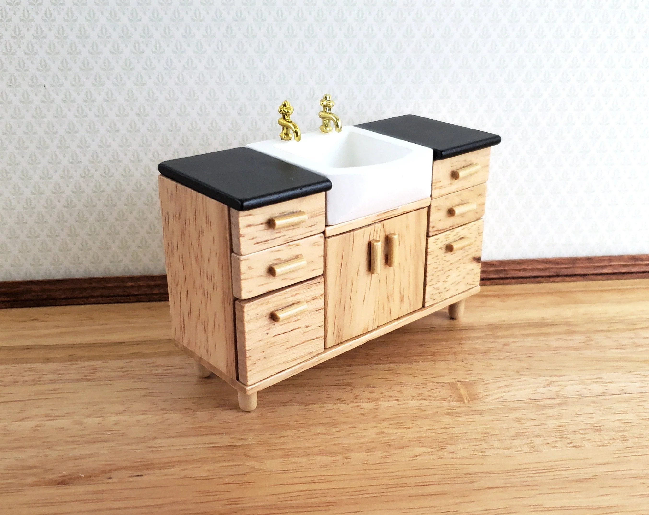 Dollhouse Modern Kitchen or Bathroom Sink Cabinet Light Oak 1:12 Scale Miniature Furniture - Image 3