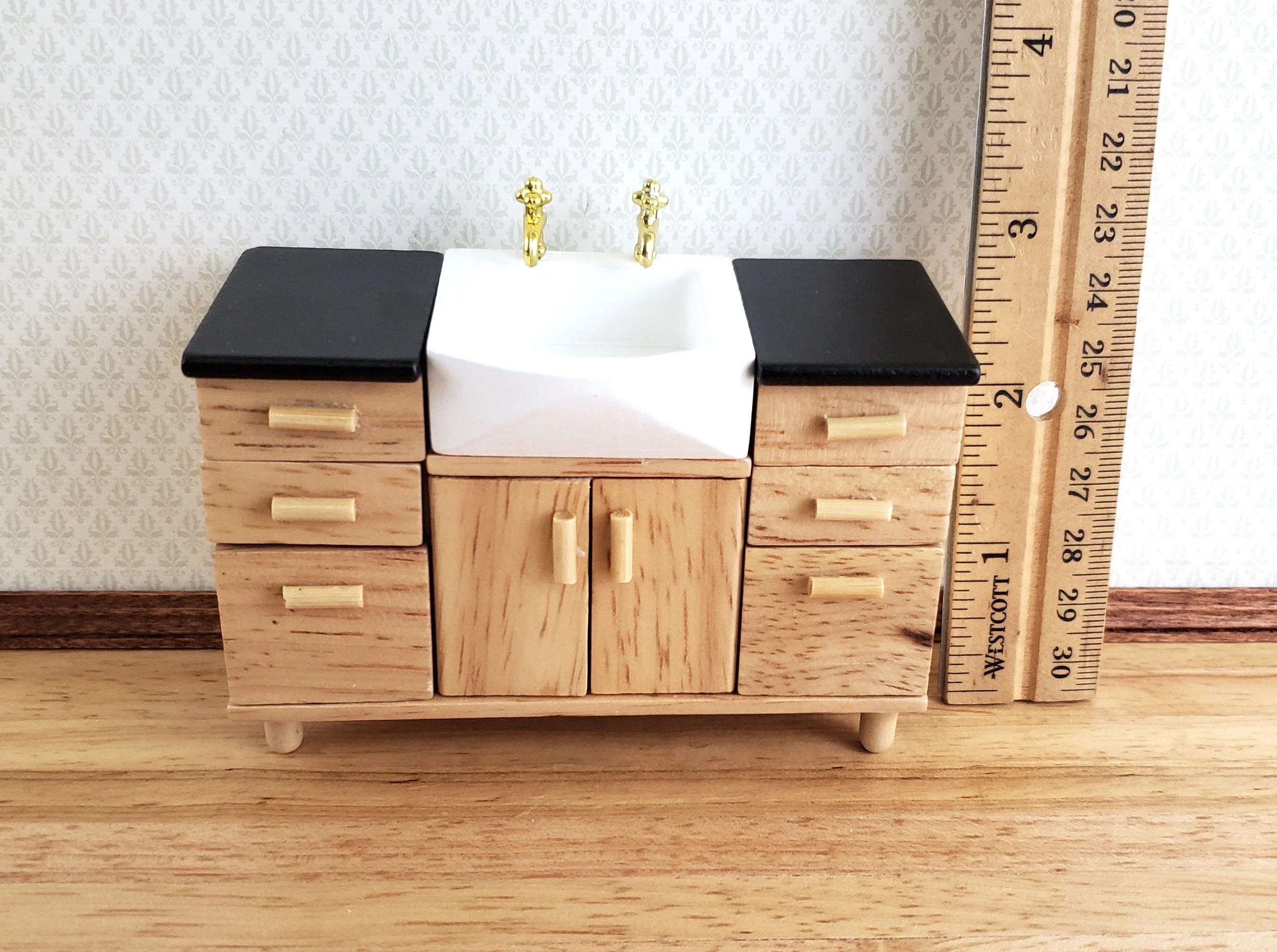 Dollhouse Modern Kitchen or Bathroom Sink Cabinet Light Oak 1:12 Scale Miniature Furniture - Image 5