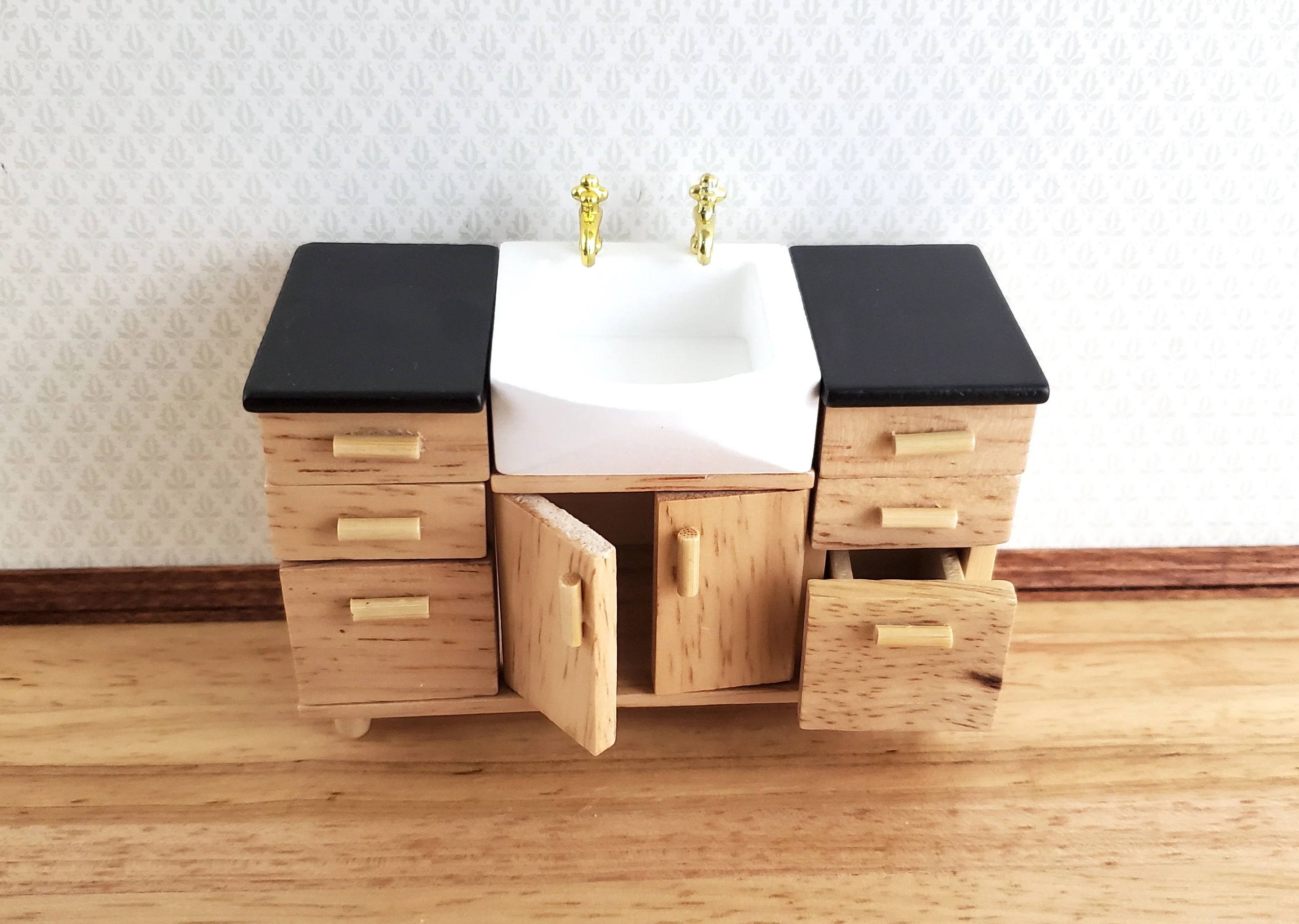 Dollhouse Modern Kitchen or Bathroom Sink Cabinet Light Oak 1:12 Scale Miniature Furniture - Image 6