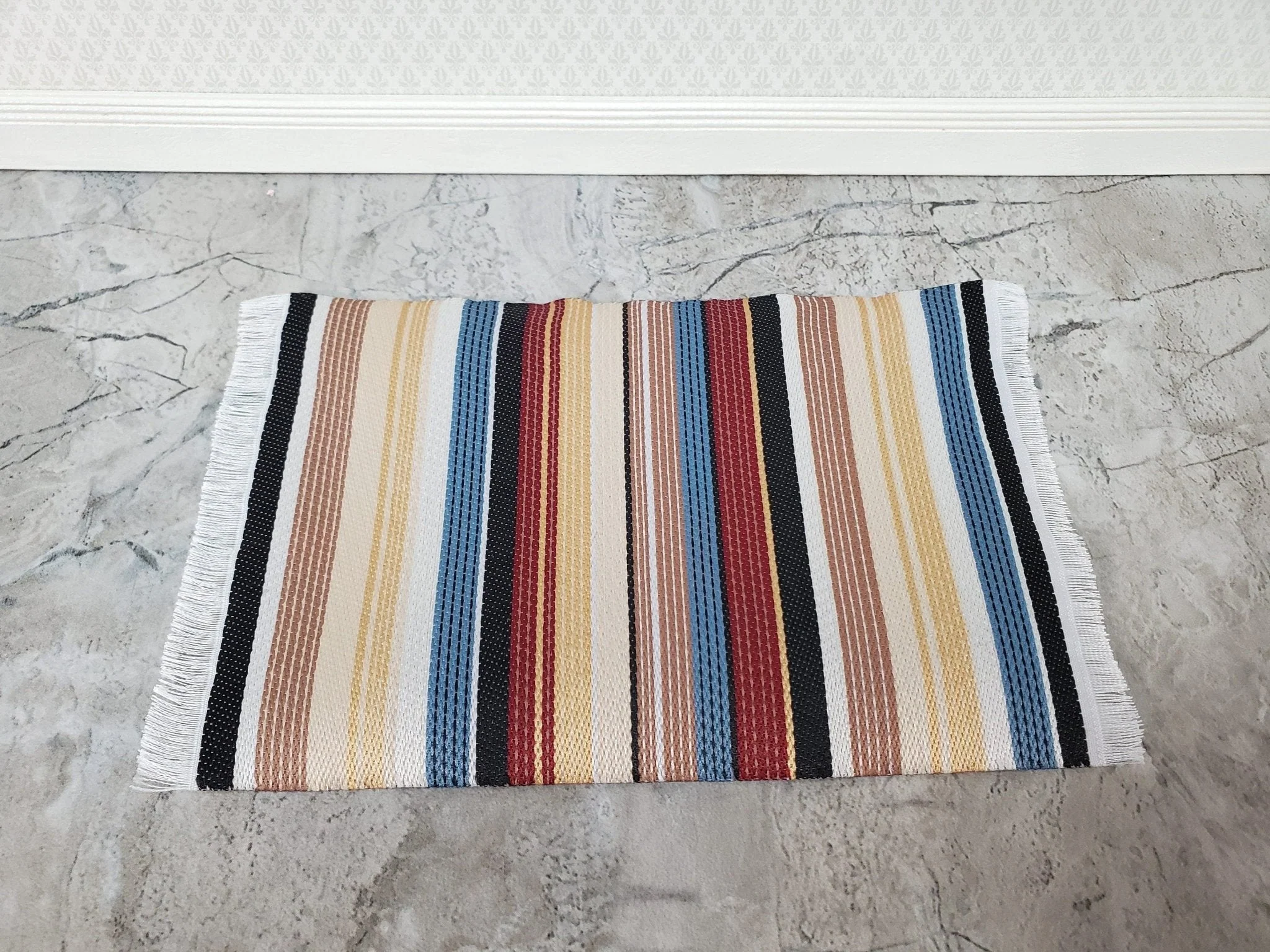 Dollhouse Modern Rug Striped Fabric Small Browns Gold Blue Black with Fringe 1:12 Scale Miniature