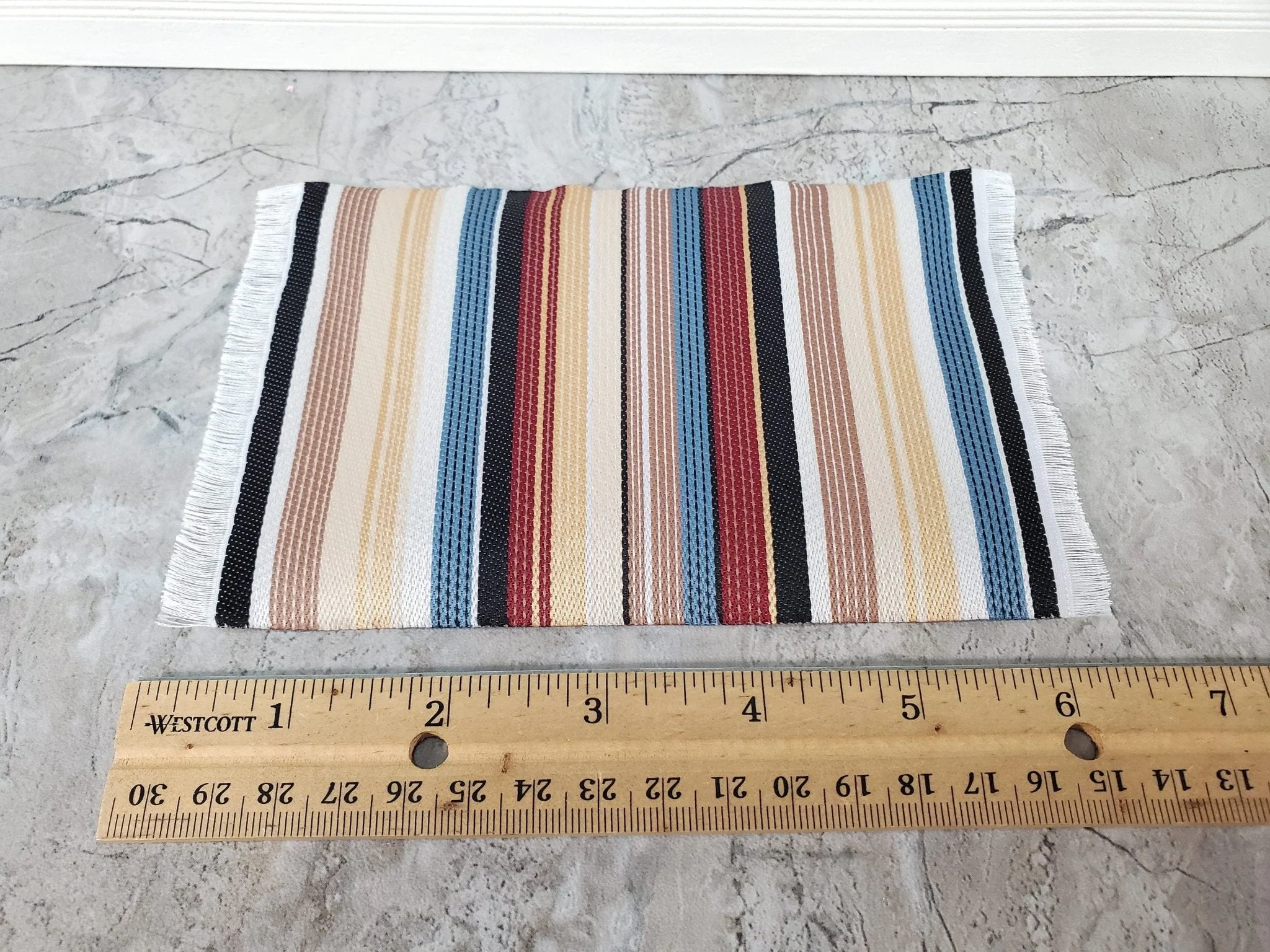 Dollhouse Modern Rug Striped Fabric Small Browns Gold Blue Black with Fringe 1:12 Scale Miniature - Image 3