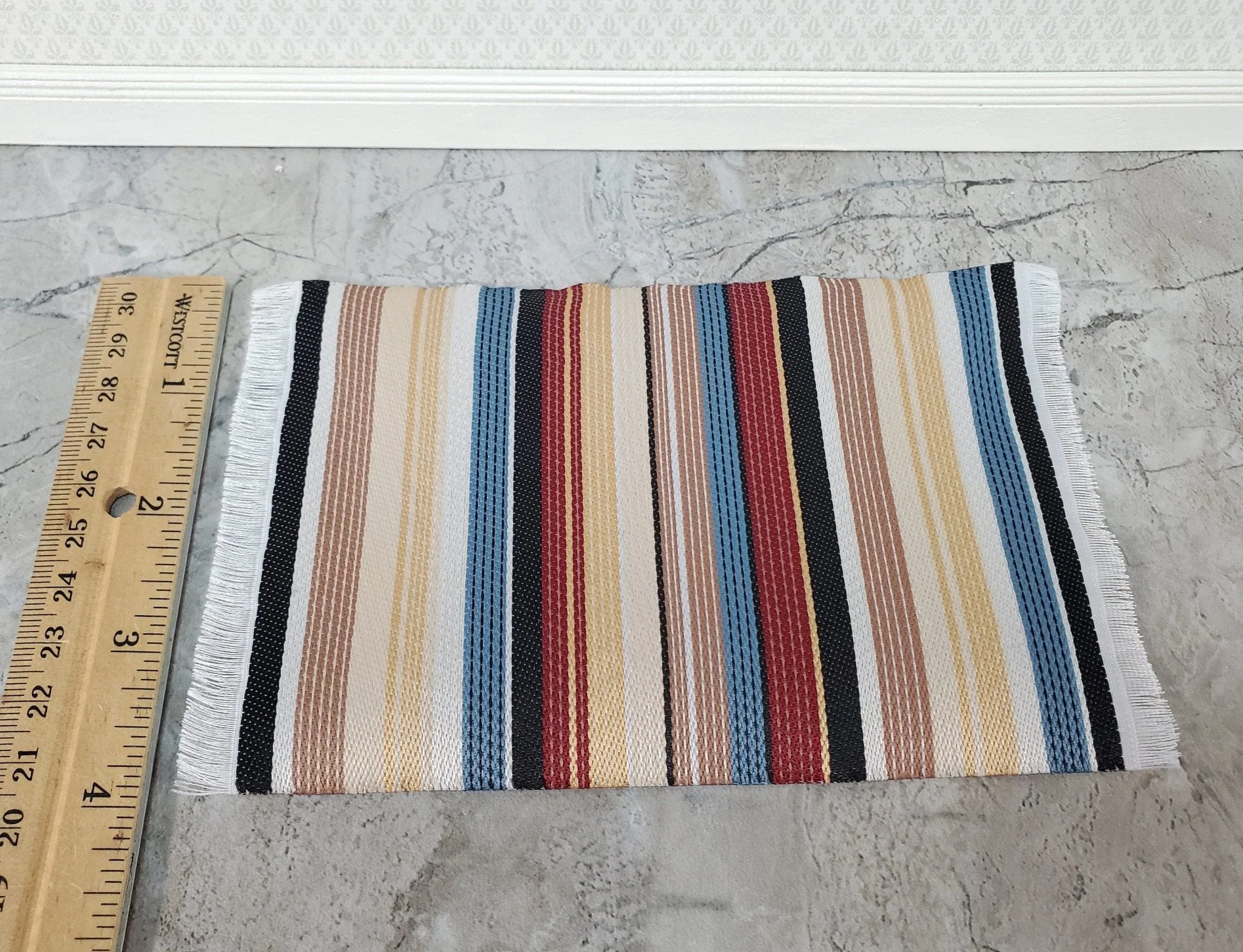 Dollhouse Modern Rug Striped Fabric Small Browns Gold Blue Black with Fringe 1:12 Scale Miniature - Image 4