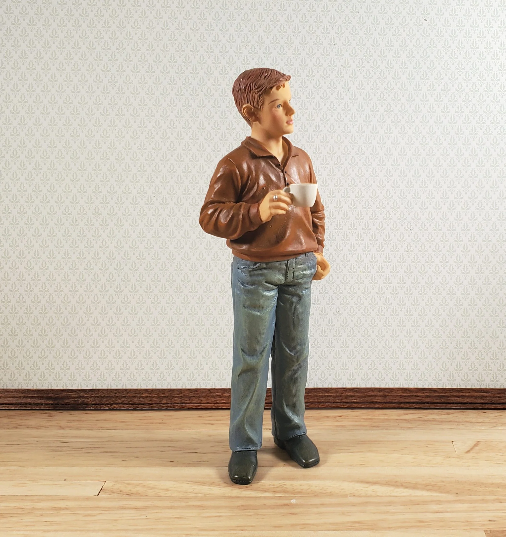Dollhouse Modern Young Man Dad Male with Coffee Standing 1:12 Scale "Russ" - Image 3