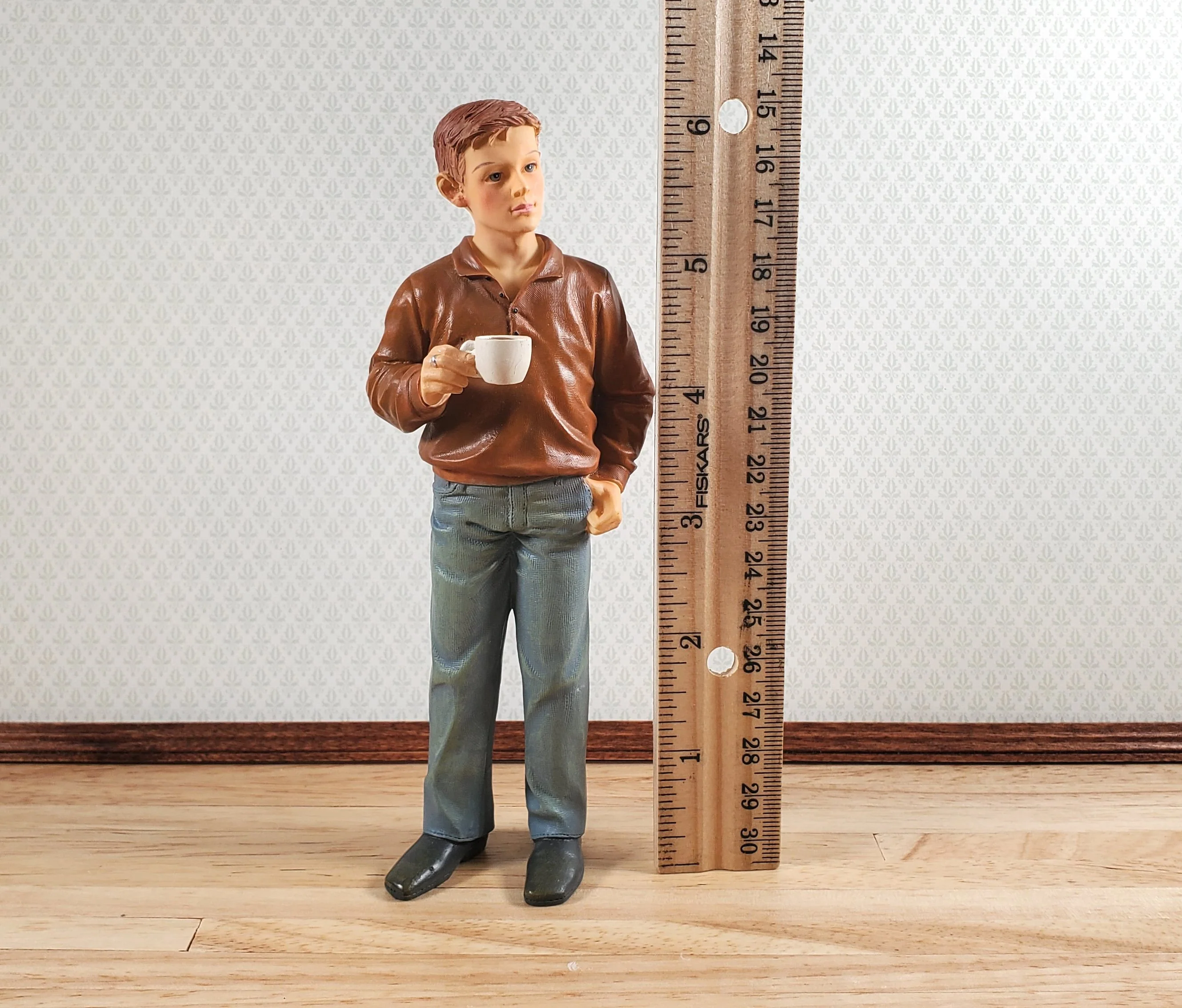 Dollhouse Modern Young Man Dad Male with Coffee Standing 1:12 Scale "Russ" - Image 5