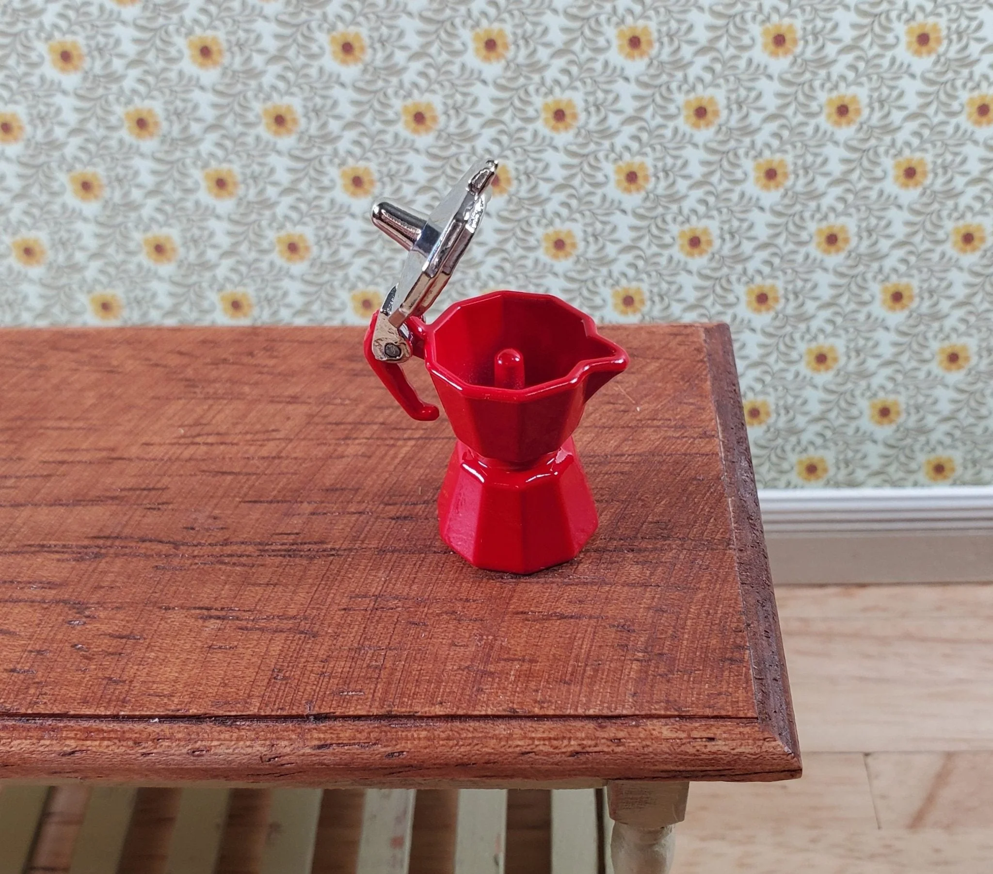 Dollhouse Moka Coffee Pot Maker Opening Top Red Metal 1:12 Scale Kitchen - Image 2
