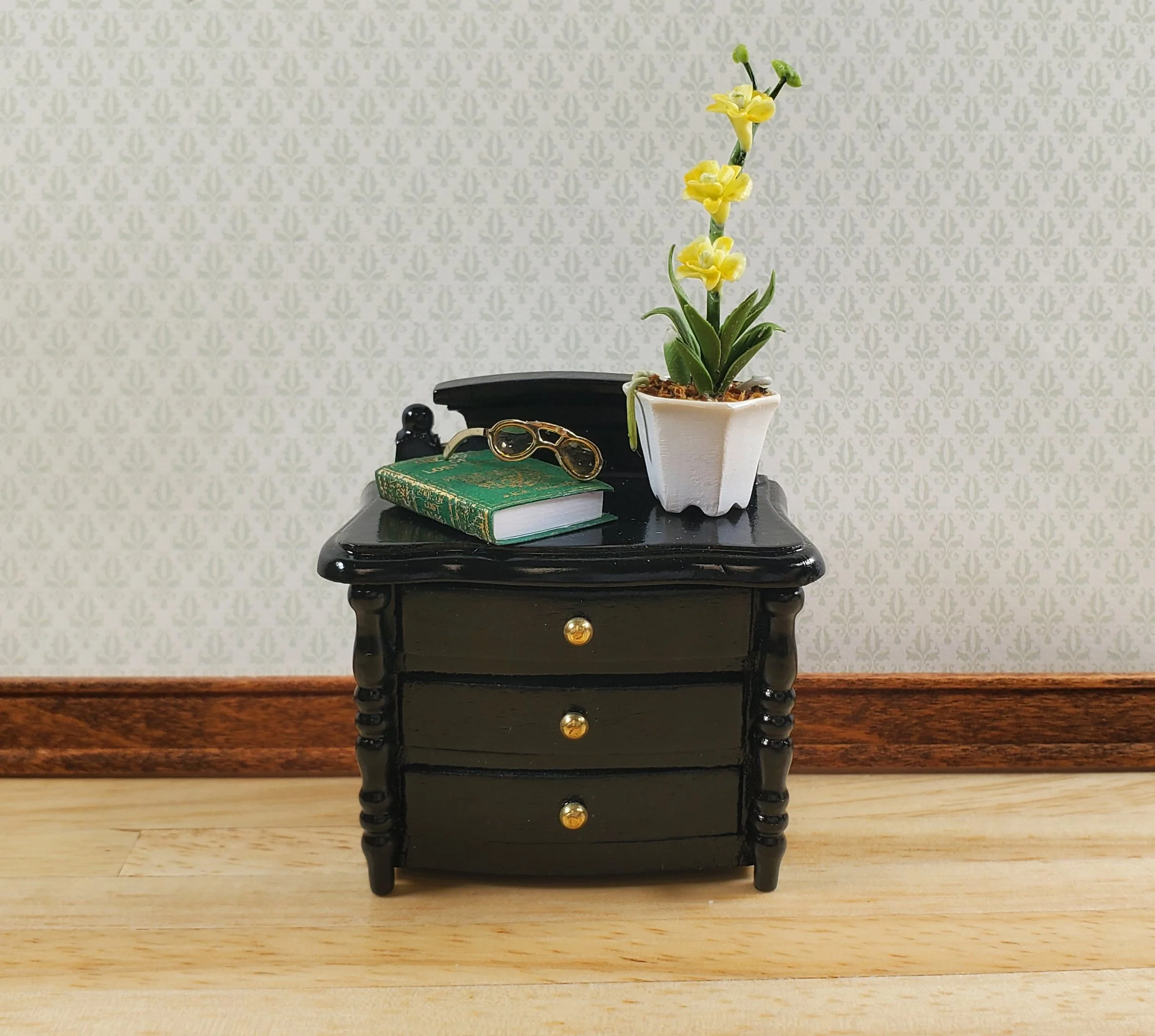 Dollhouse Night Stand Side Table Black 3 Drawers 1:12 Scale Wood Miniature - Image 3