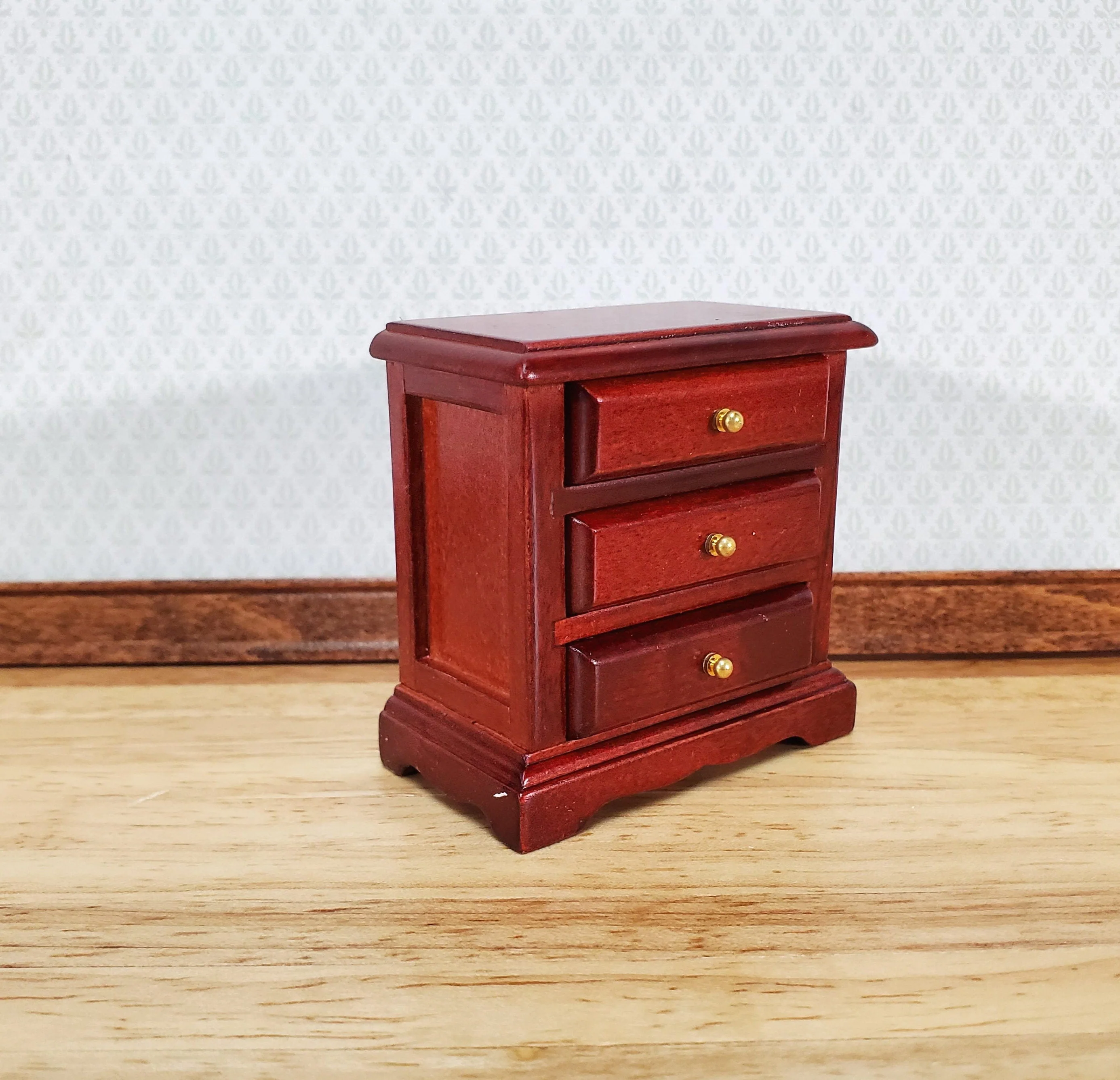Dollhouse Nightstand Side Table Mahogany 3 Drawers 1:12 Scale Miniature Furniture