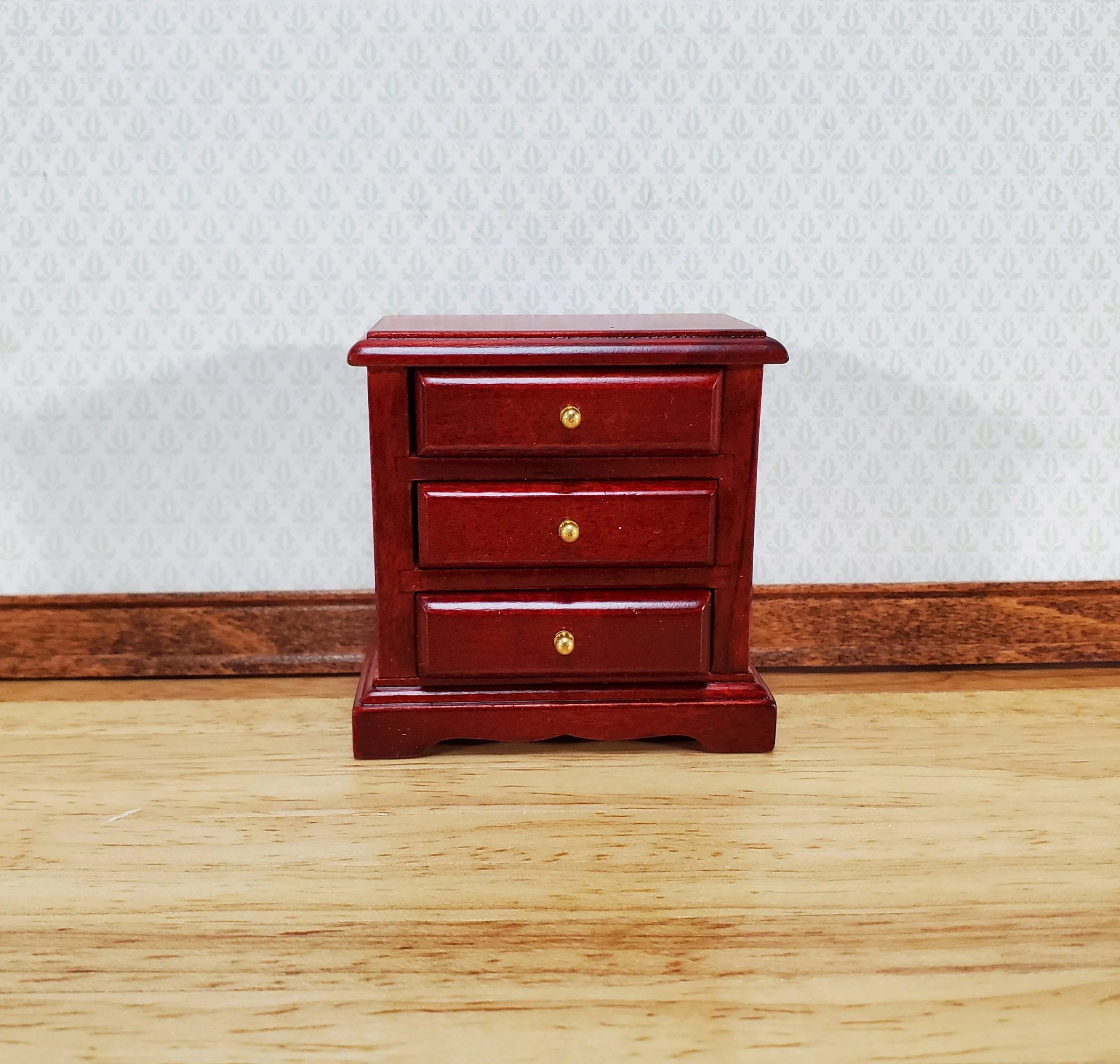 Dollhouse Nightstand Side Table Mahogany 3 Drawers 1:12 Scale Miniature Furniture - Image 2