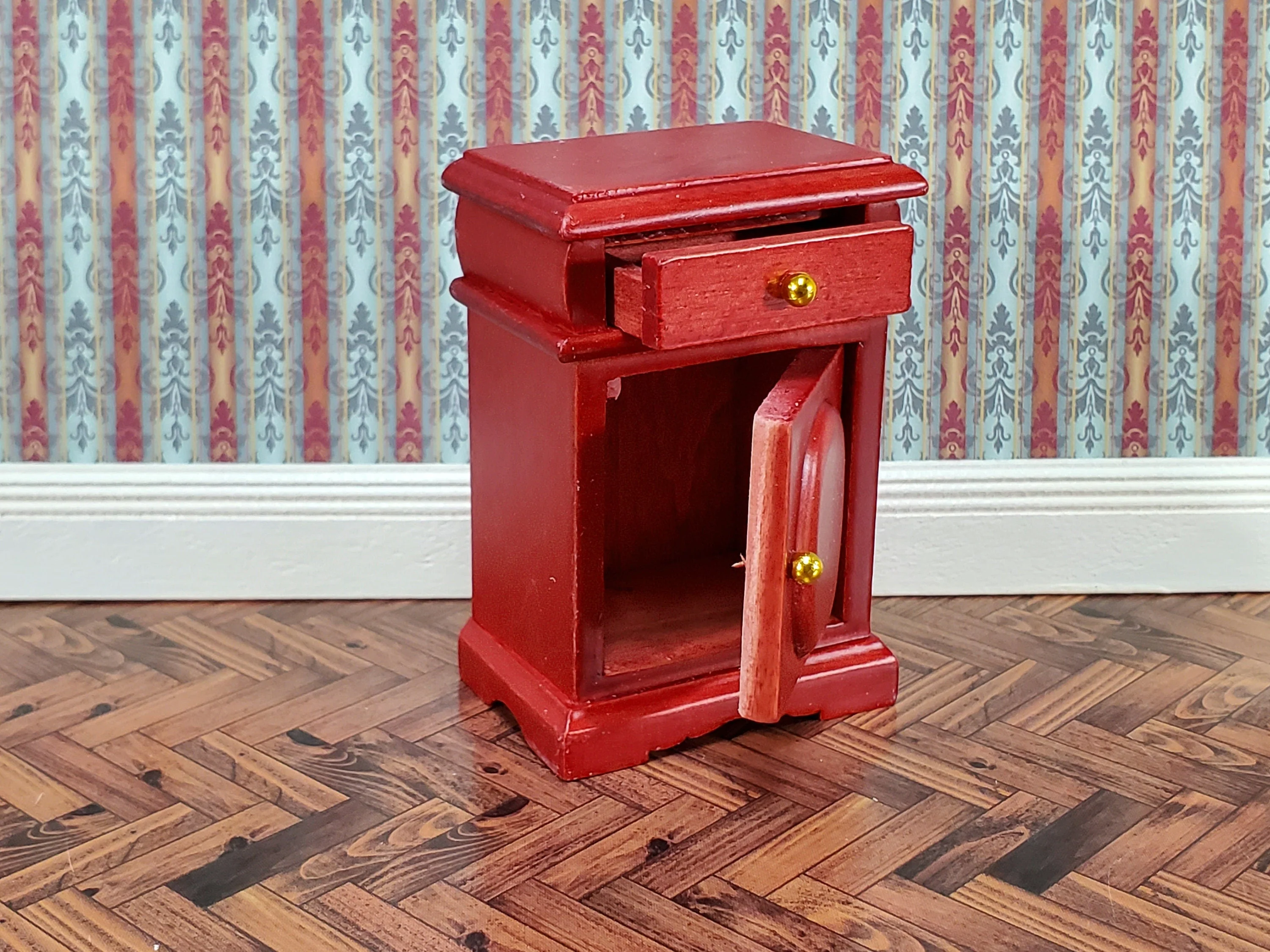 Dollhouse Nightstand Side Table Mahogany Opening Door & Drawer 1:12 Scale Miniature Furniture - Image 3