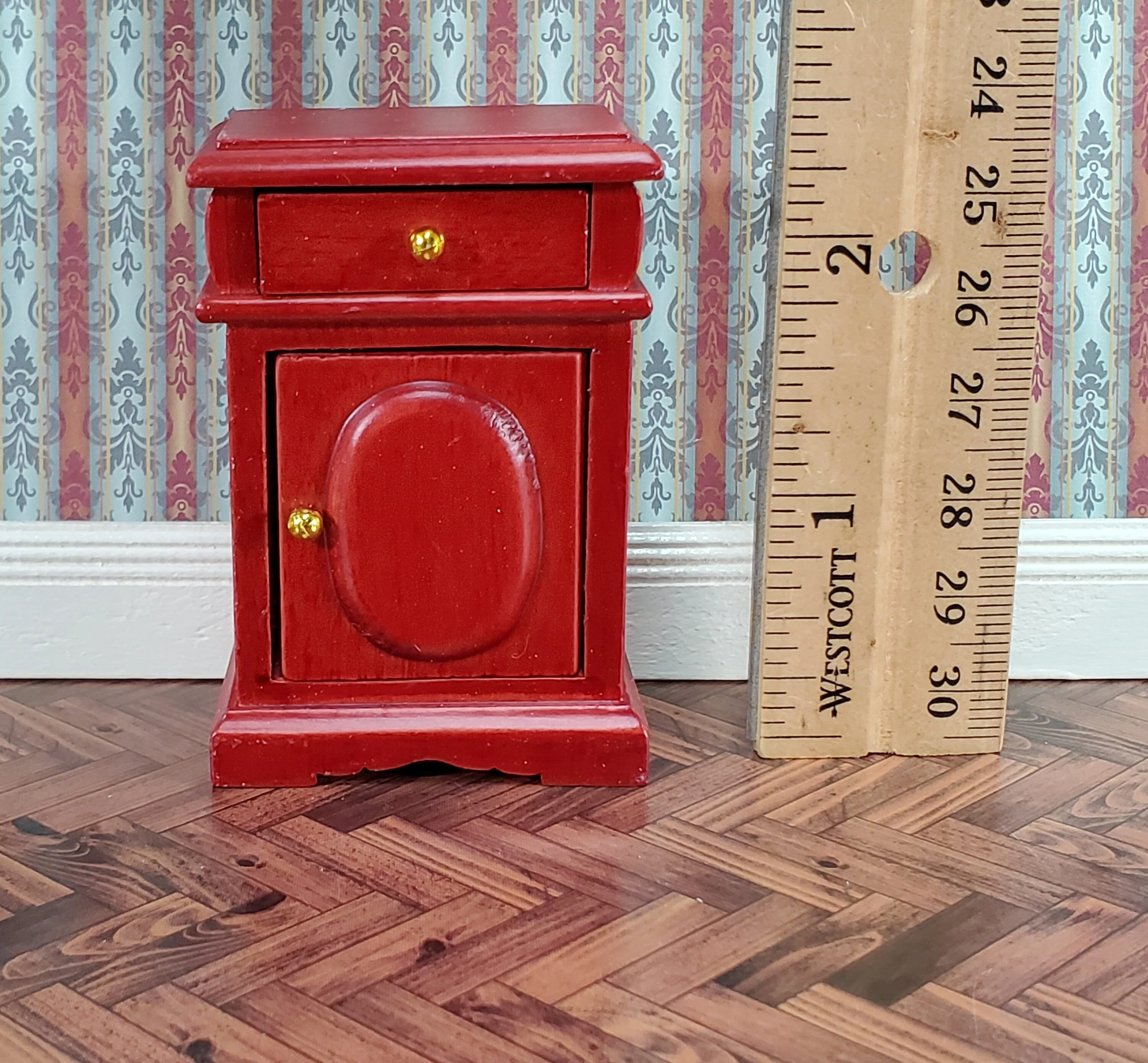 Dollhouse Nightstand Side Table Mahogany Opening Door & Drawer 1:12 Scale Miniature Furniture - Image 4