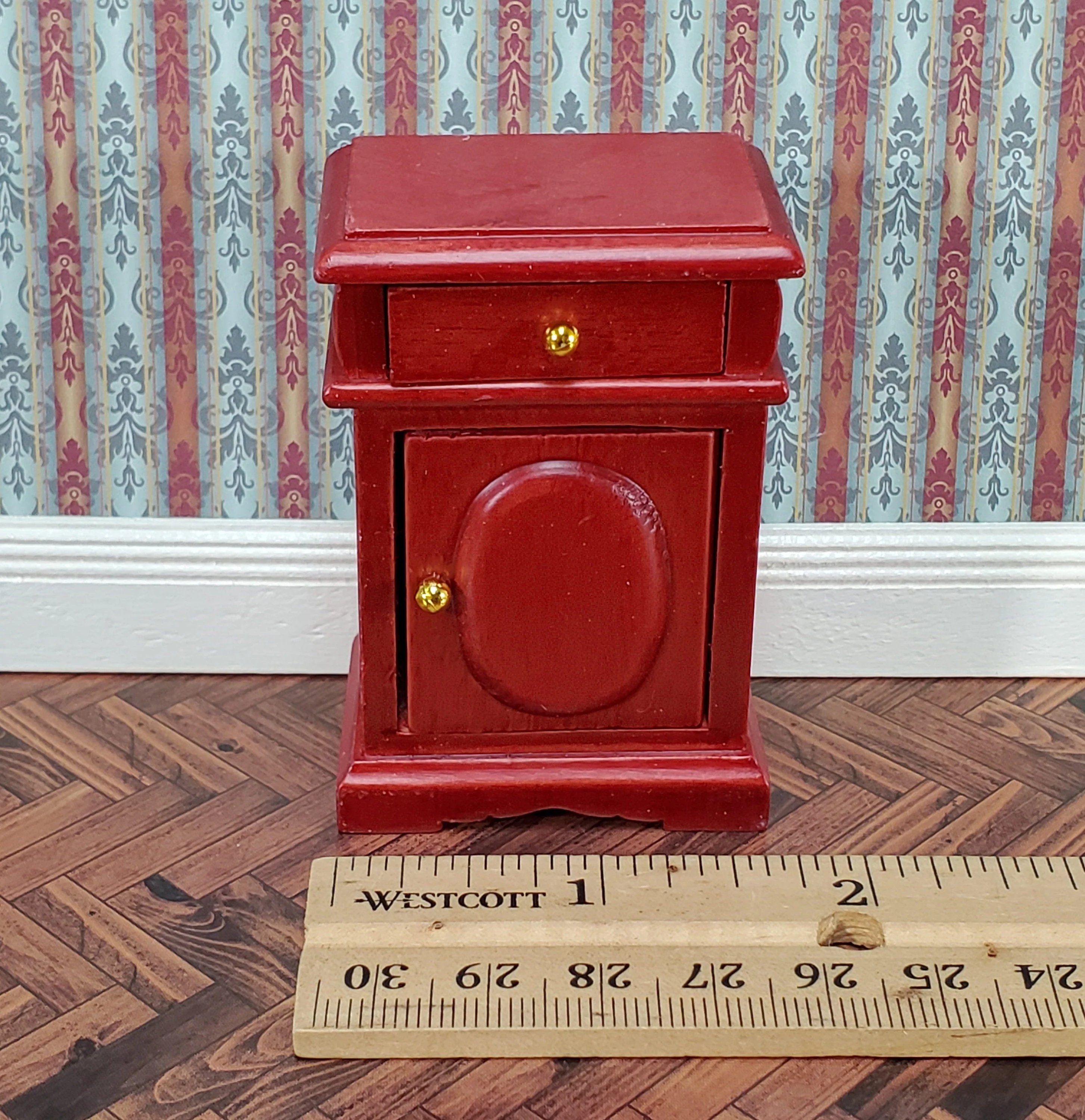 Dollhouse Nightstand Side Table Mahogany Opening Door & Drawer 1:12 Scale Miniature Furniture - Image 5