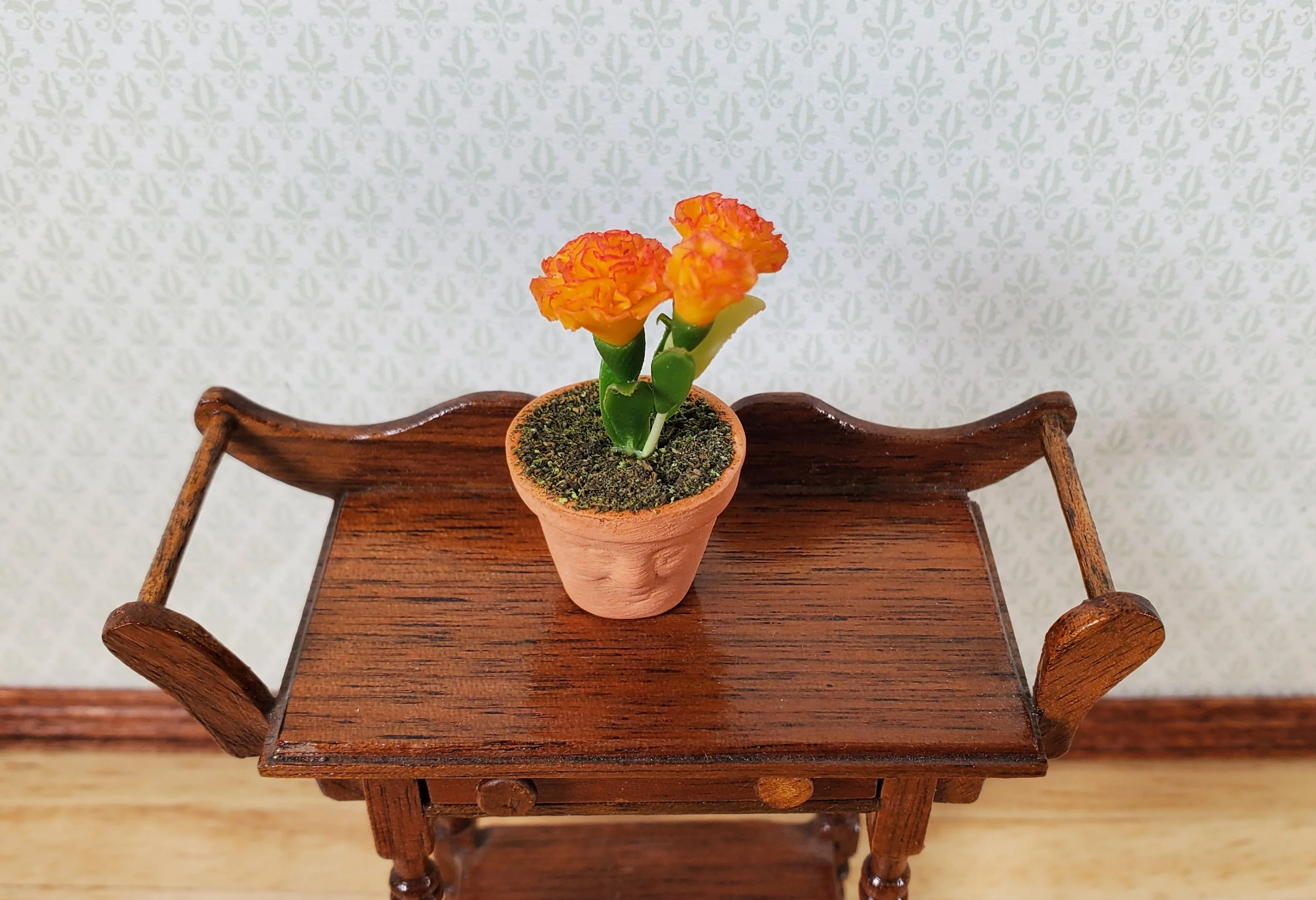 Dollhouse Orange Carnations in Sweet Faced Terra Cotta Planter 1:12 Scale - Image 2
