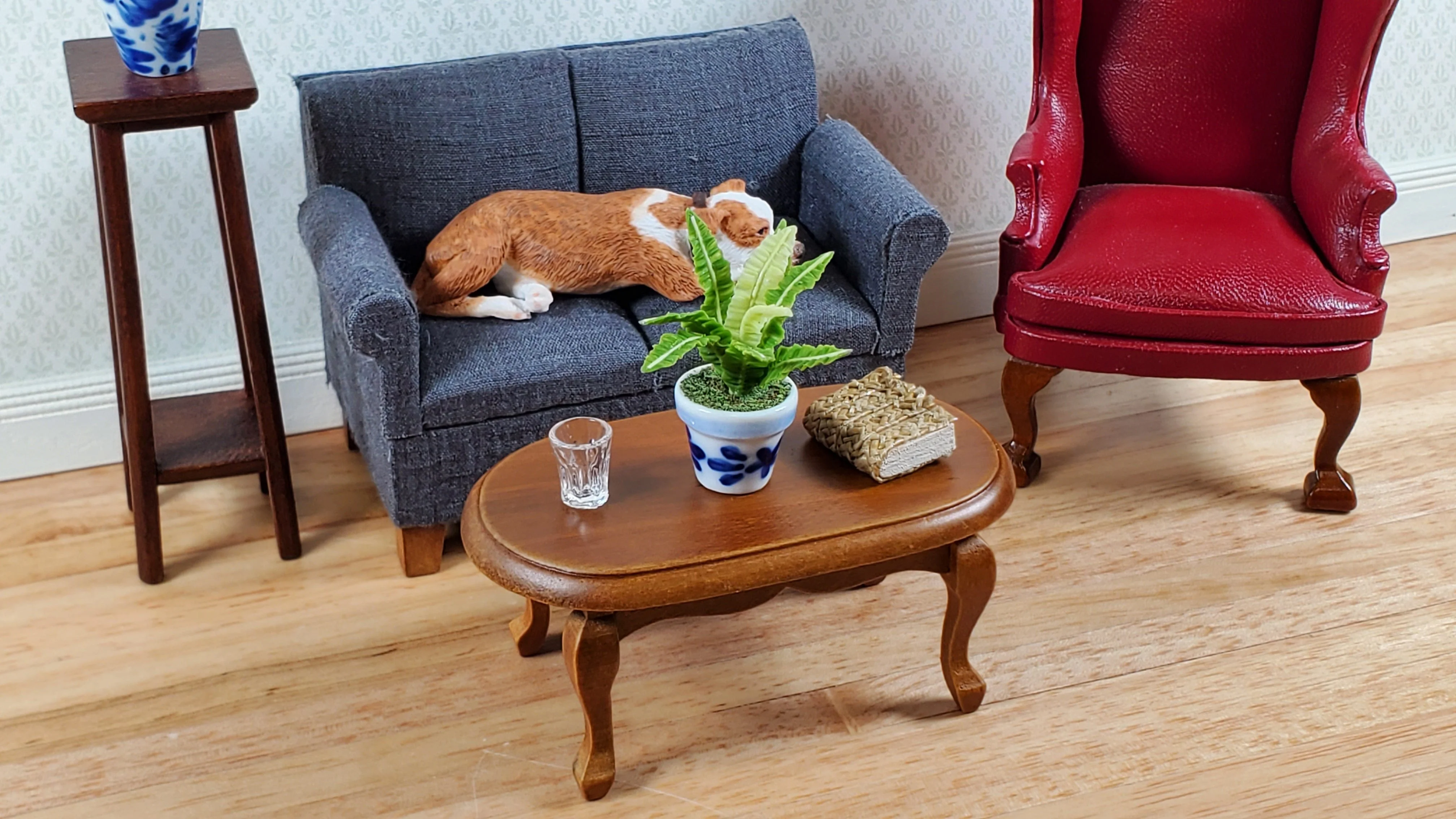 Dollhouse Oval Coffee Table Walnut Finish 1:12 Scale Miniature Furniture - Image 3