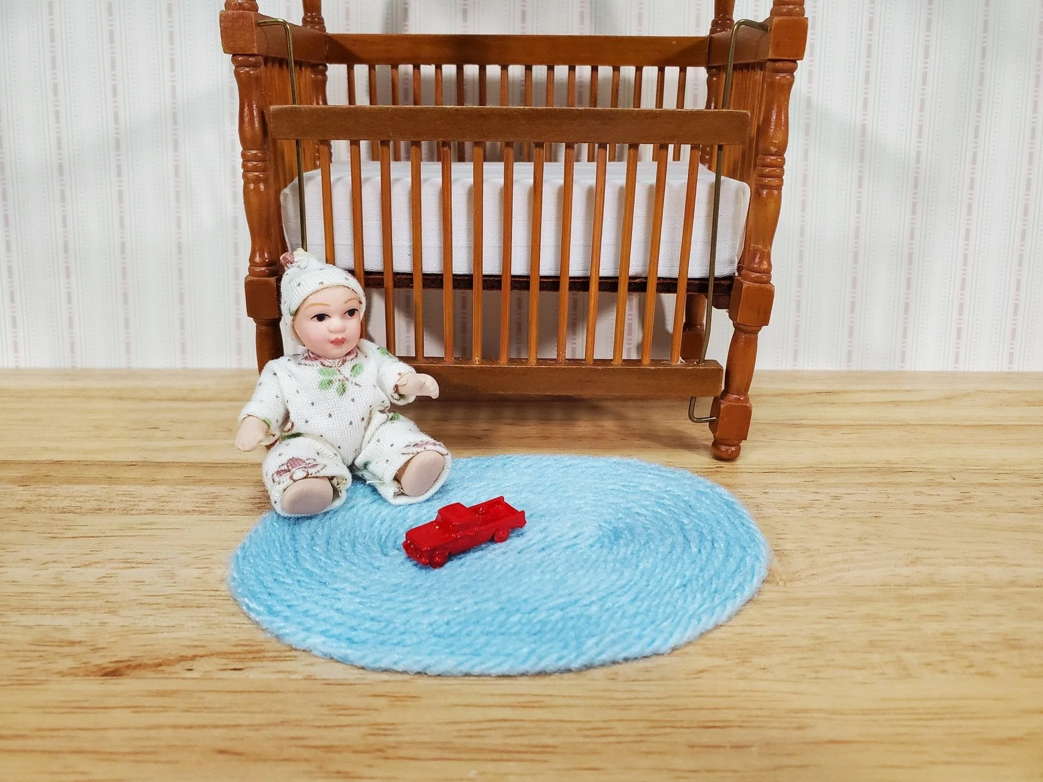 Dollhouse Oval Rug Blue Yarn Small 1:12 Scale Miniature Nursery - Image 2