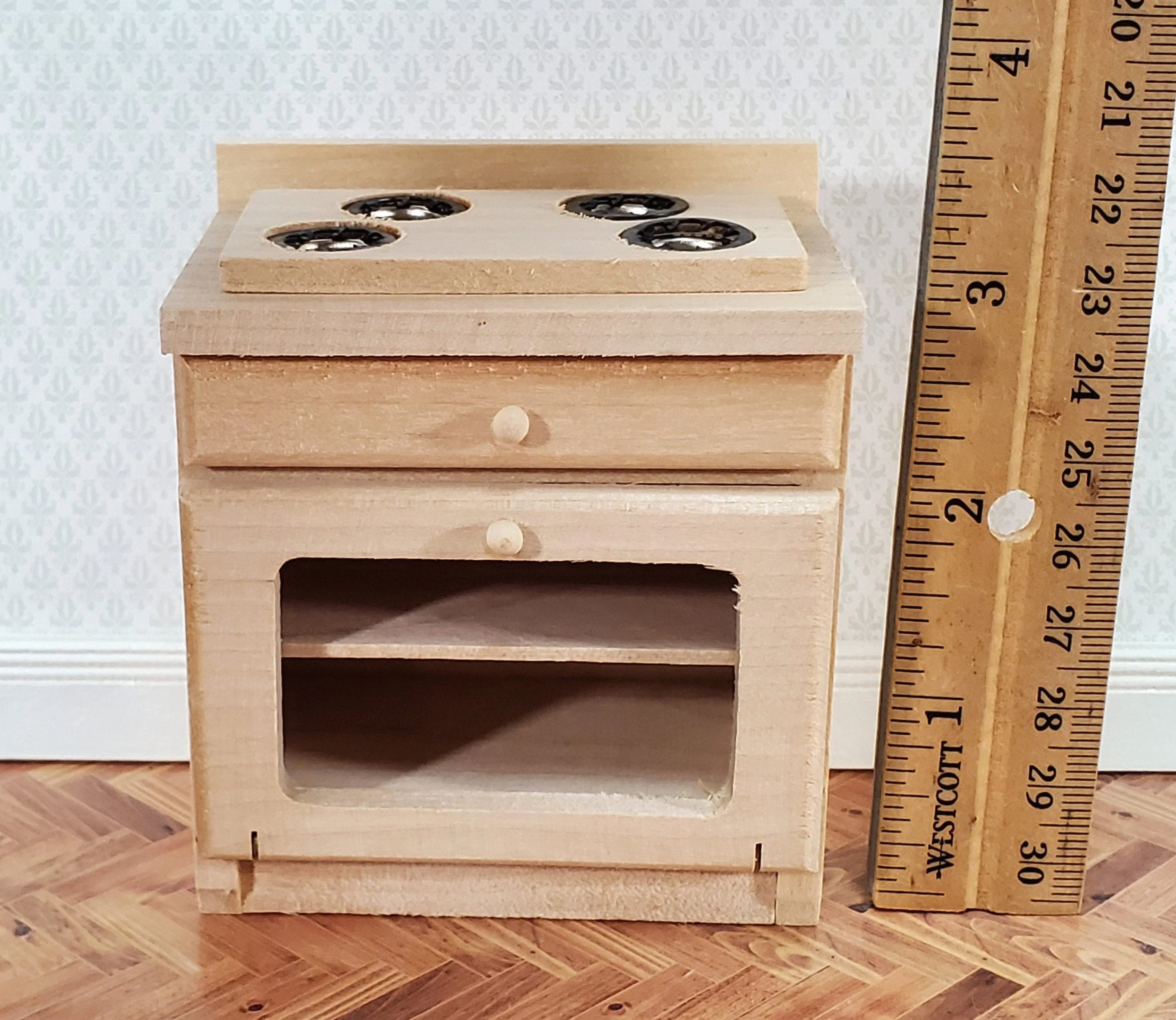 Dollhouse Oven with Stove Top 1:12 Scale Miniature Furniture Unpainted Wood - Image 3