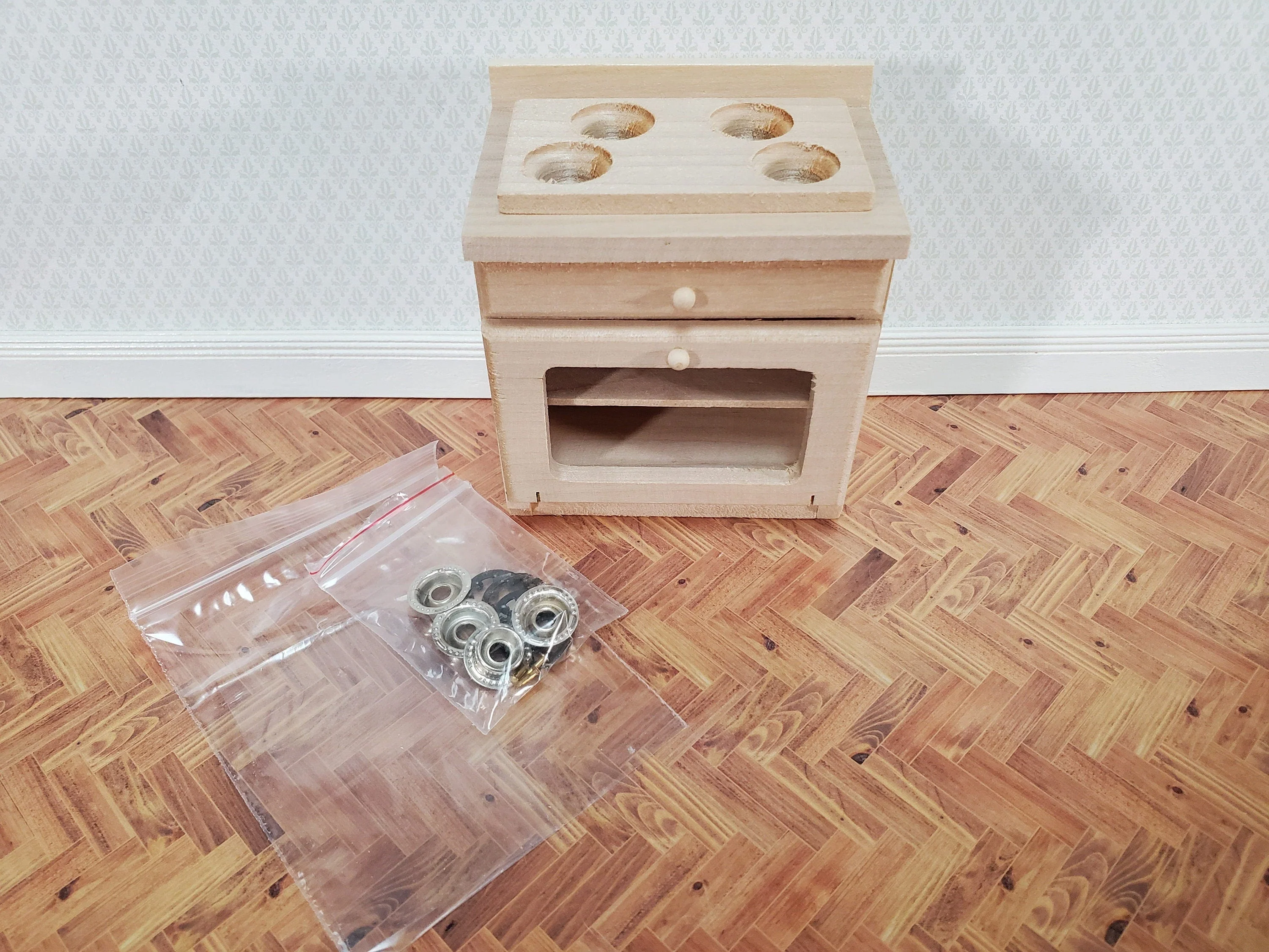 Dollhouse Oven with Stove Top 1:12 Scale Miniature Furniture Unpainted Wood - Image 5