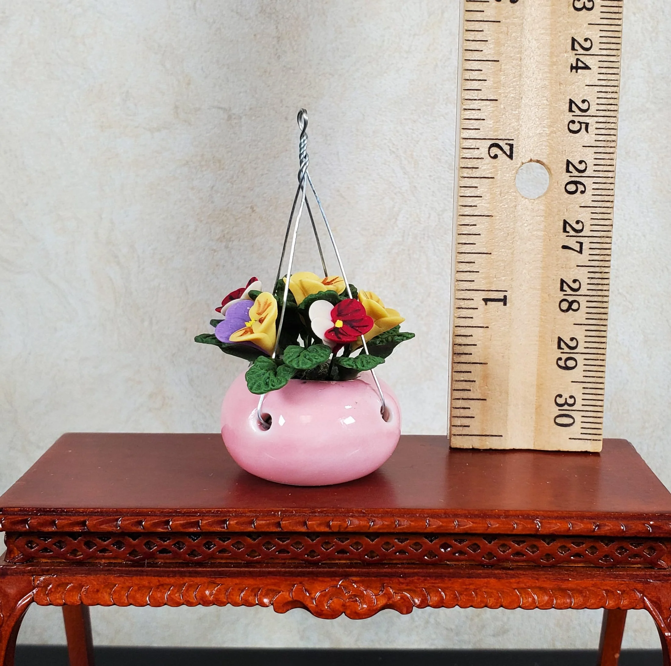 Dollhouse Pansies in a Hanging Pink Planter 1:12 Scale Miniature Garden - Image 3