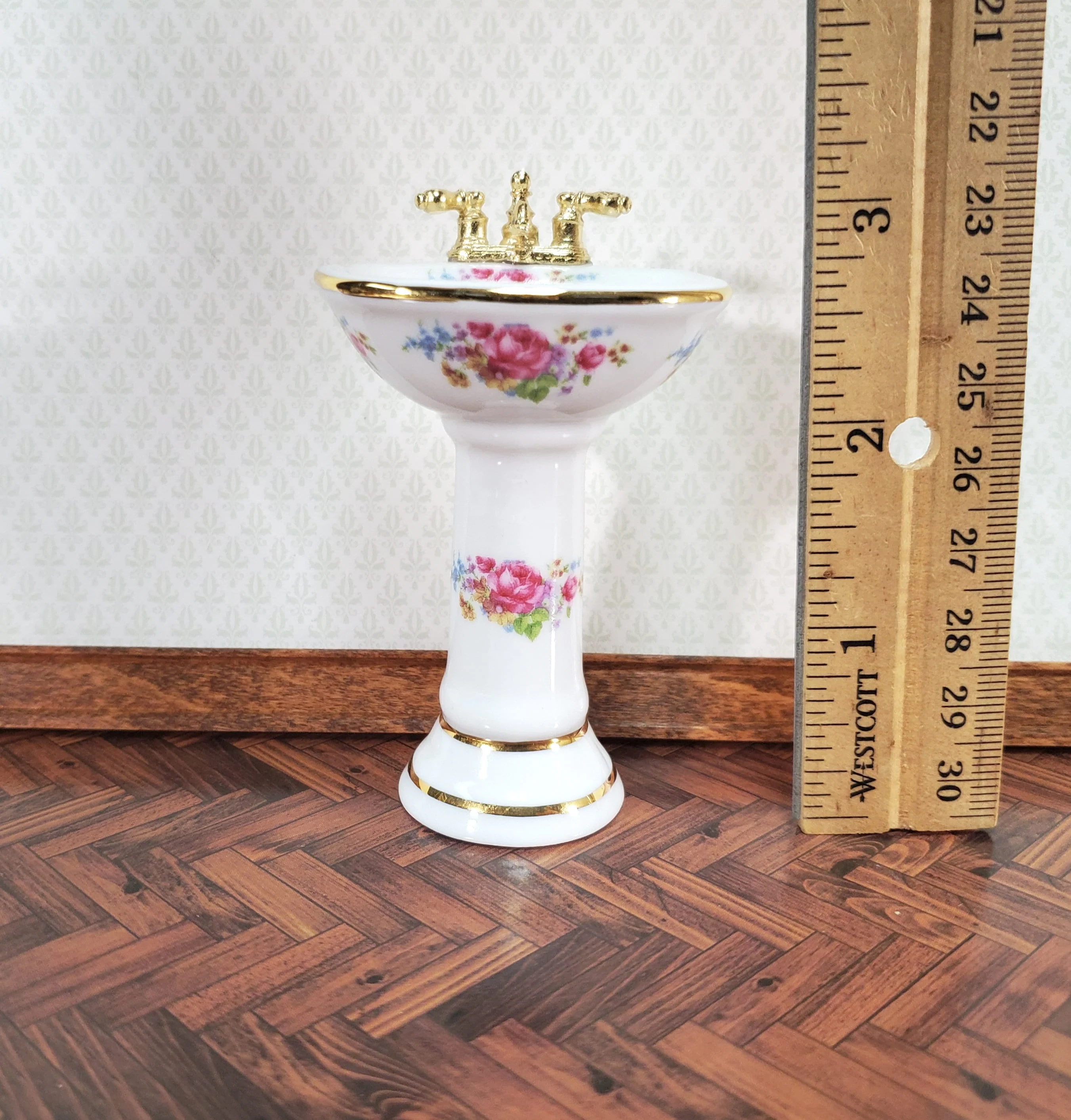 Dollhouse Pedestal Sink Bathroom Dresden Rose Reutter Porcelain 1:12 Scale Miniature - Image 3