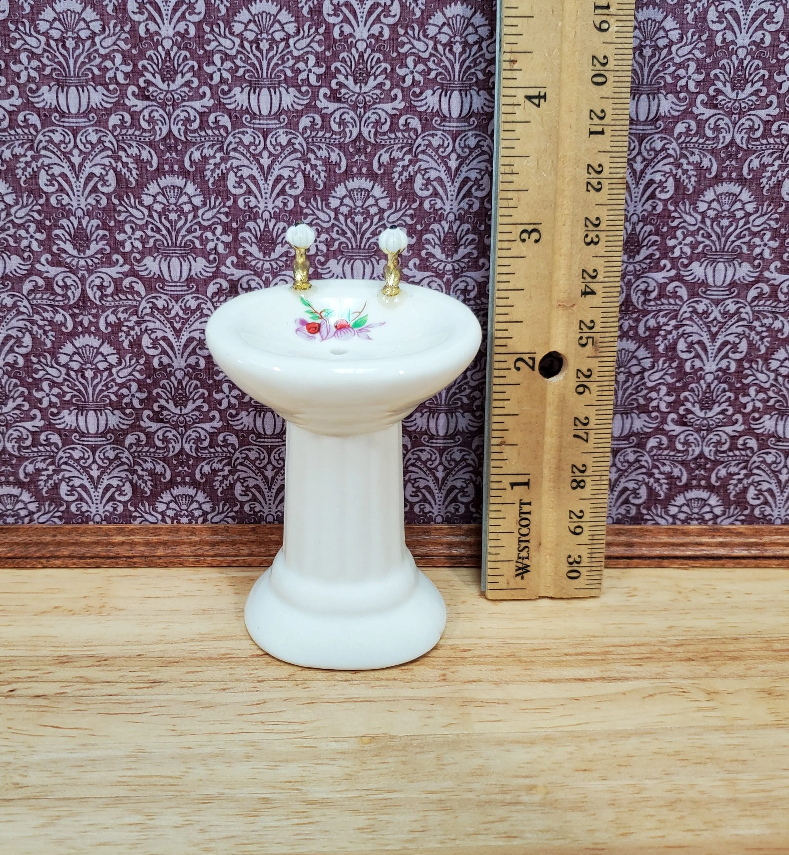 Dollhouse Pedestal Sink Bathroom White Ceramic Gold Handles 1:12 Scale with Decal - Image 3