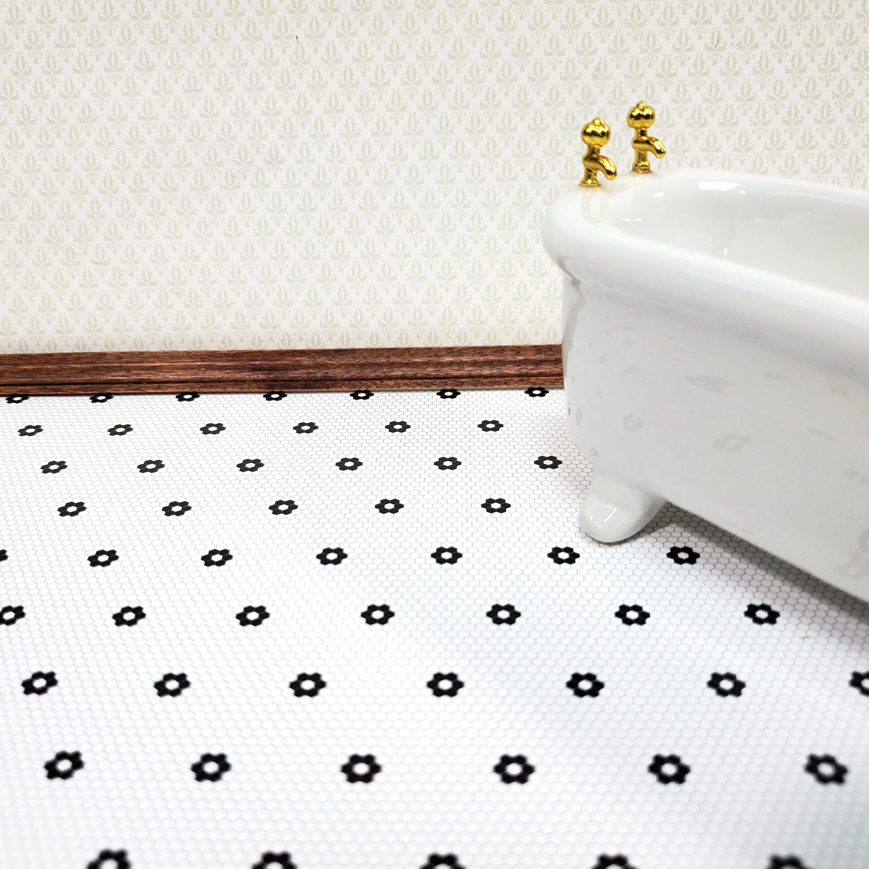 Dollhouse Penny Tile Paper with Black Hexagon Flowers Floor 1:12 Scale Itsy Bitsy - Image 5