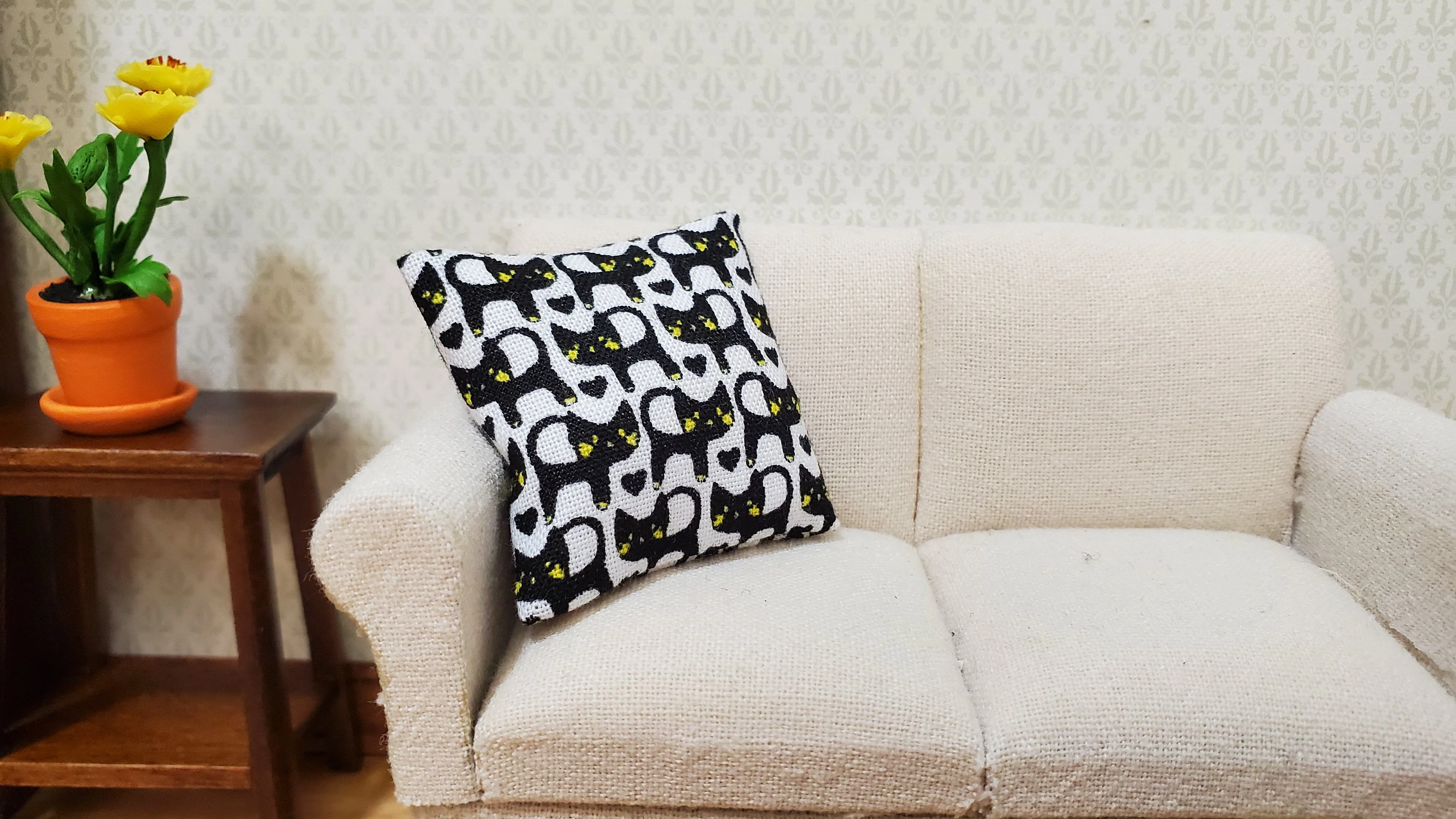 Dollhouse Pillow Black Cats Modern Handmade 1:12 Scale Miniature 1 1/2"