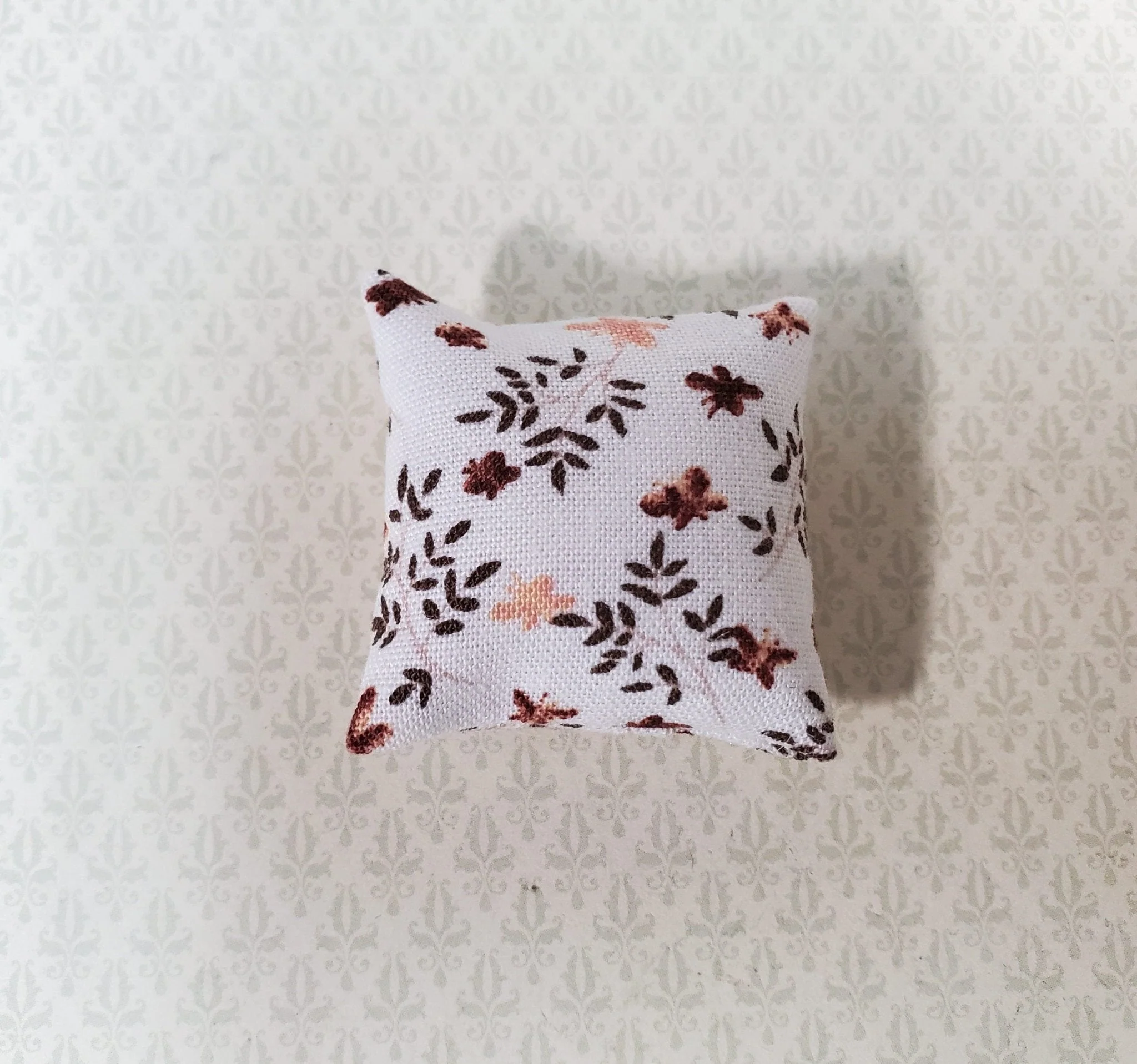 Dollhouse Pillow Floral Print White Brown Green Handmade 1:12 Scale Miniature 1 1/2"