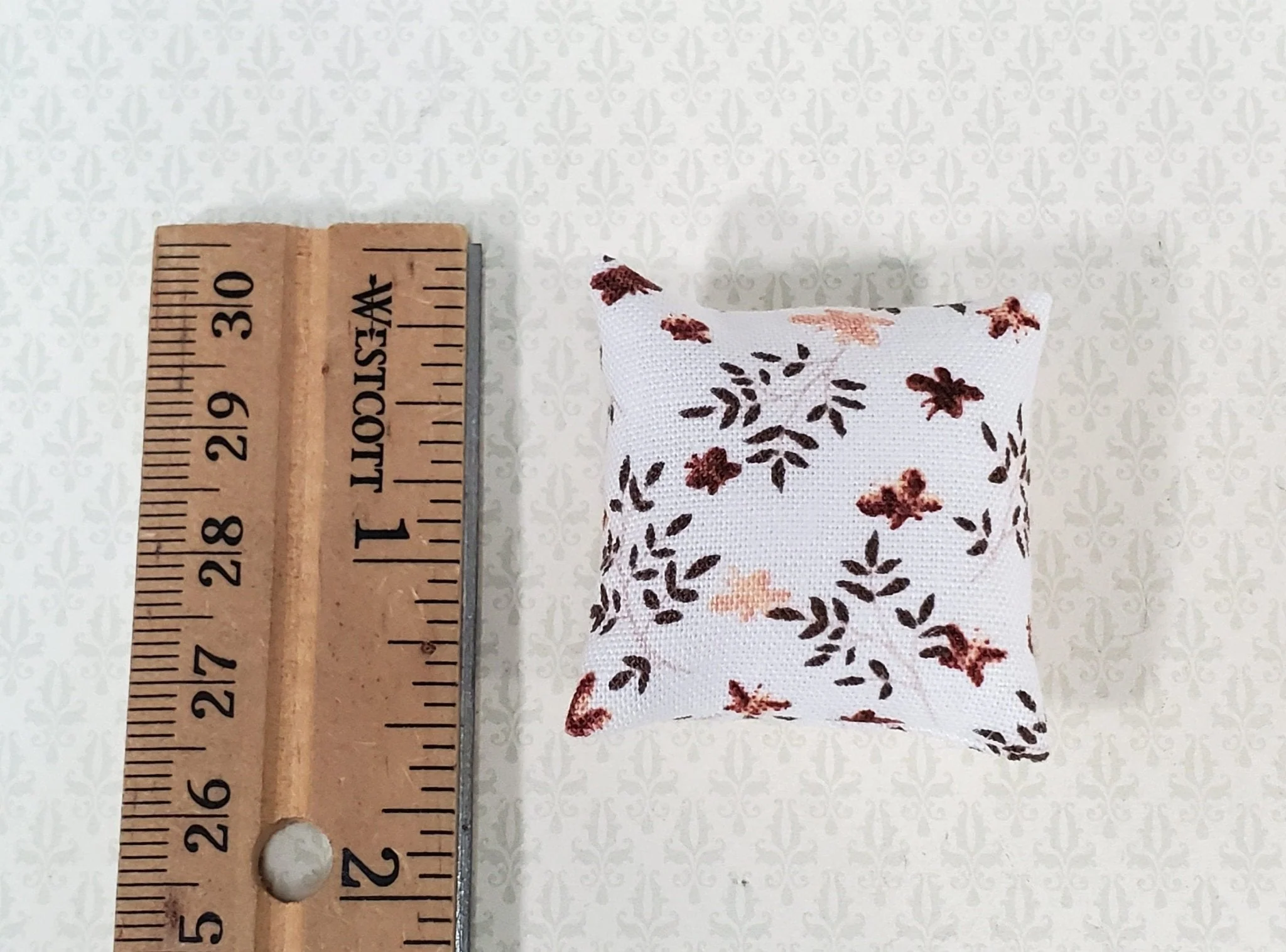 Dollhouse Pillow Floral Print White Brown Green Handmade 1:12 Scale Miniature 1 1/2" - Image 2