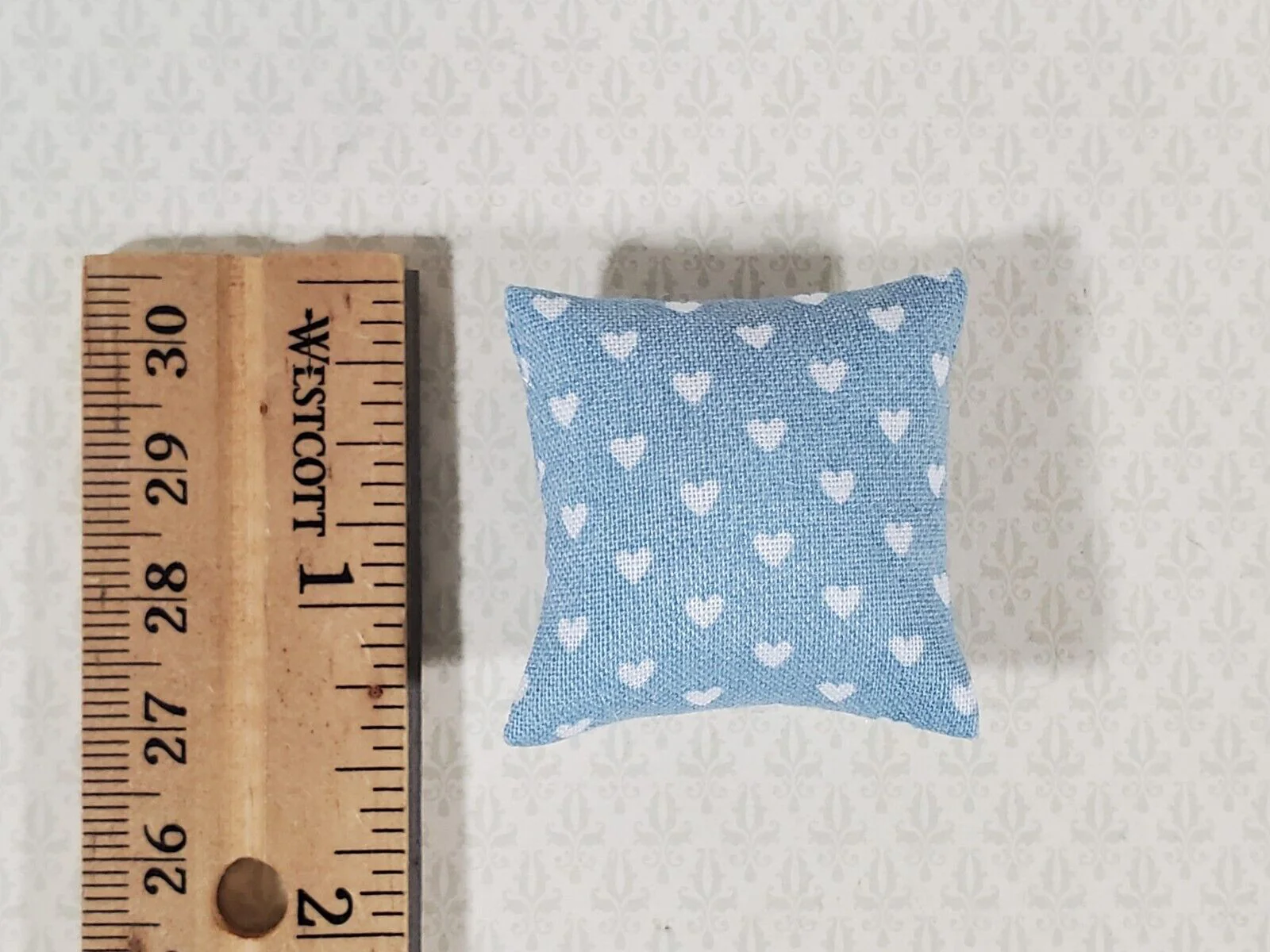 Dollhouse Pillow Hearts Print Blue & White Handmade 1:12 Scale Miniature 1 1/2" - Image 2